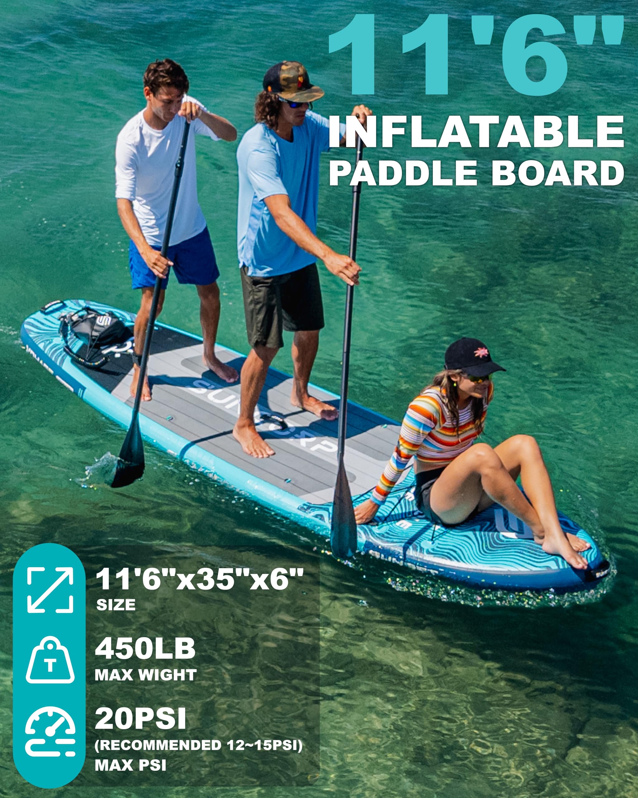 Suncorp 11.6'x35'' Inflatable Paddle Board, Extra Wide Stand-up Paddleboards, 450lbs Capacity, Inflatable SUP, Dual-Action Pump, 100L Backpack, 9 Plus Kits for Family, Fishing, Yoga&All Skill Levels