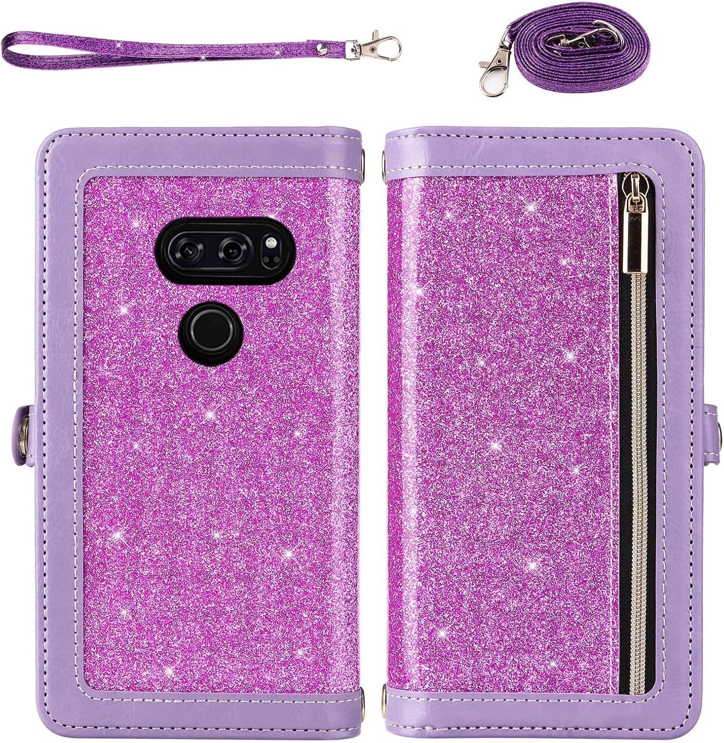 Asuwish Phone Case for LG V35 ThinQ V30 Plus Zipper Wallet Detachable Cell Cover with Screen Protector Strap Bling Glitter Flip Card Holder LGV30 LGV35 LG30 LG35 V 30 35 V30+ V30s H931 Women Purple