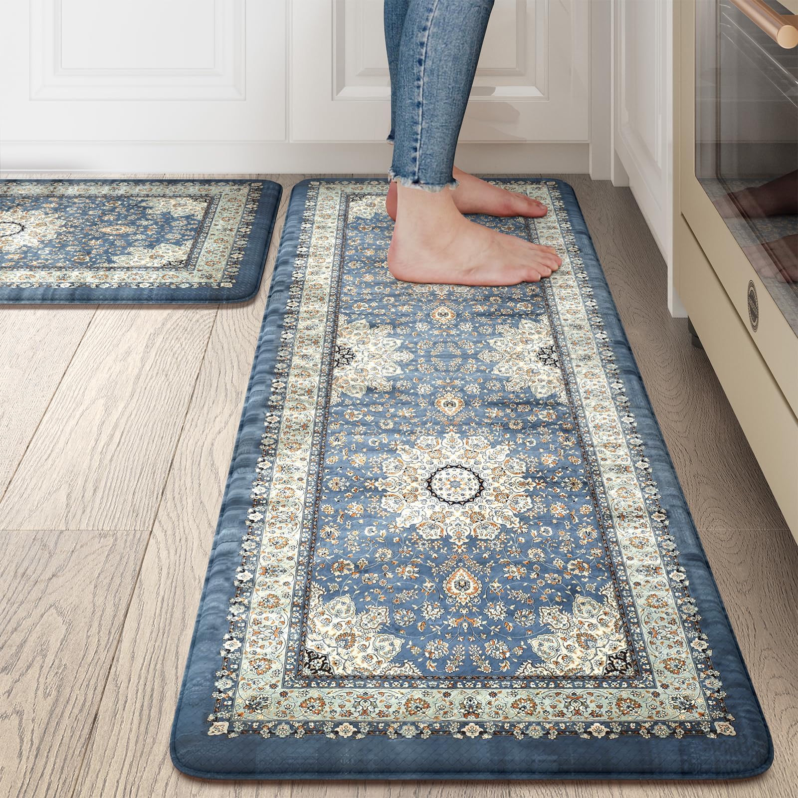 Collive Boho Kitchen Mat Set, 2 Piece Non-Skid Waterproof Anti-Fatigue Kitchen Mats, Cushioned, Blue, Floral Pattern