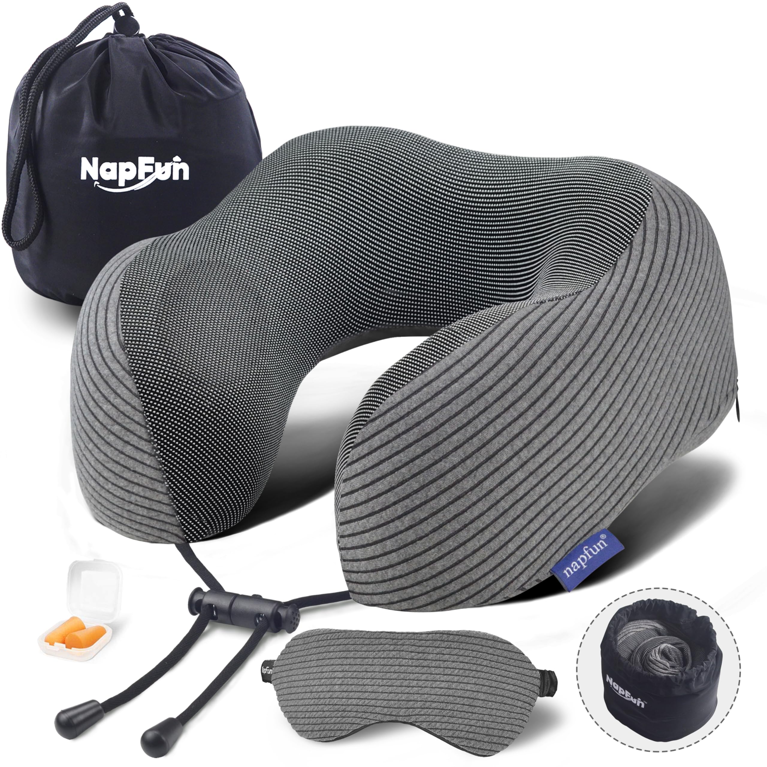 napfunTravel Pillow, 100% Pure Memory Foam Neck Pillows for Travel Airplane Headrest Flight Plane Accessories, Deep Grey, Medium (120-200LB)