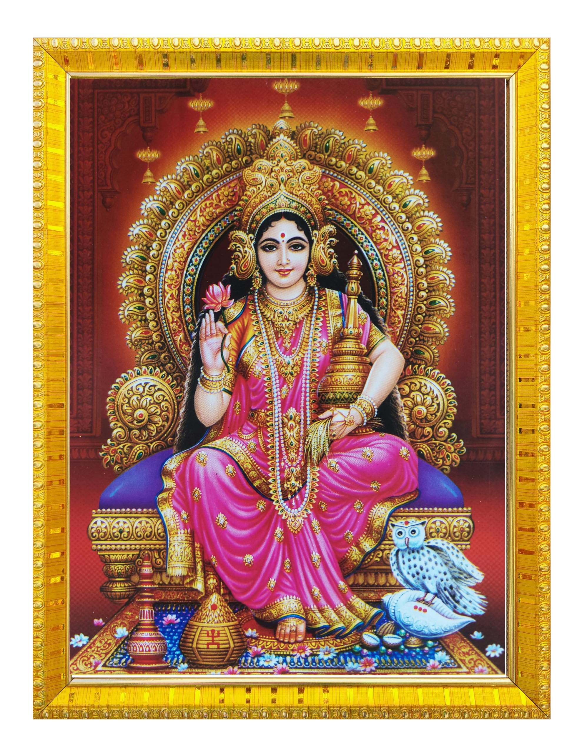Koshtak Maa Laxmi Sitting on Singhasan With Owl Photo Frame With Glossy Lamination On Poster With Golden Frame For Puja Room/Temple/Wall Hanging/Gift/Home Decor/Worship Size 30cm x 23cm….
