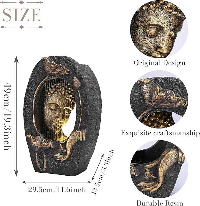 Enhance your home or outdoor space with our original design Buddha fountain, a perfect combination of artistry and functionality. The soothing sound of water flowing from the waterfall, paired with warm LED lights, creates a calming atmosphere that helps relieve fatigue and stress. Crafted from durable resin materials and coated with a weather-resistant protective layer, this fountain is designed to withstand the elements while maintaining its color and quality over time.