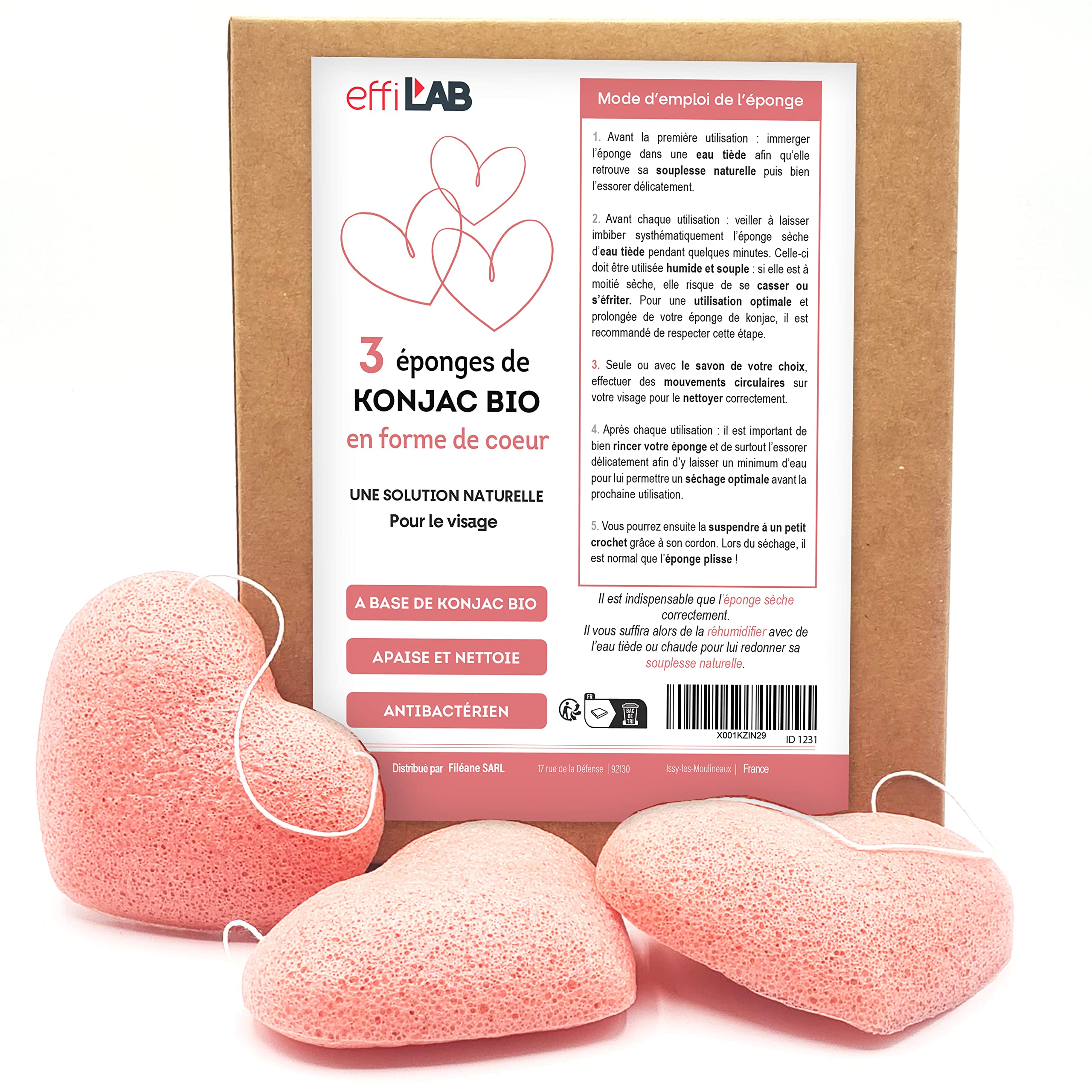 effiLAB - Pack de 3 esponjas de Konjac orgánicas en forma de corazón rojo | Juego de 3 esponjas de corazón | Esponja vegetal natural, limpieza suave, amor