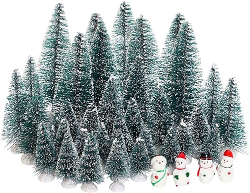 40 piezas de mini árboles de Navidad, cepillo, árboles de sisal, mini pinos con base de madera, cepillo para botella, árboles de Navidad y figuras