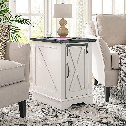 Miniatura 8 de EnHomee Mesita de noche con estación de carga, mesas auxiliares de granja de 25 pulgadas con puerta de granero, mesa auxiliar grande de madera para