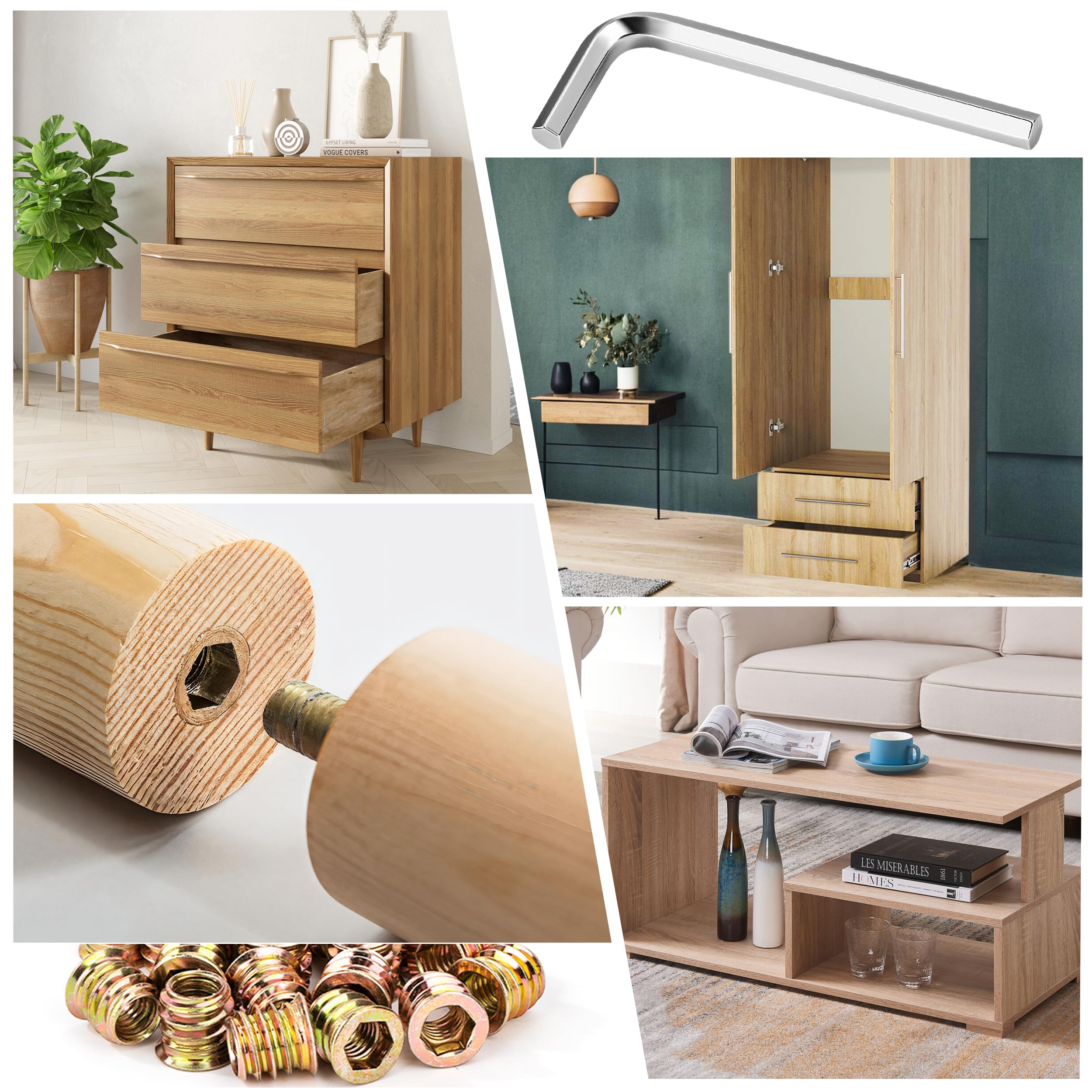 Boccole Filettate per Legno M4 20 Pezzi Inserti Filettati in Acciaio Zincato M4x10mm Rivetti Filettati con Chiave Esagonale per Mobili in Legno