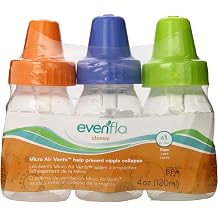 Evenflo Feeding Classic Clear Plastic Standard Neck Bottles for Baby, Infant and Newborn - Pink/Lavender/Teal or Green/Blue/Teal COLORS MAY VARY, 4 Ounce Pack of 3