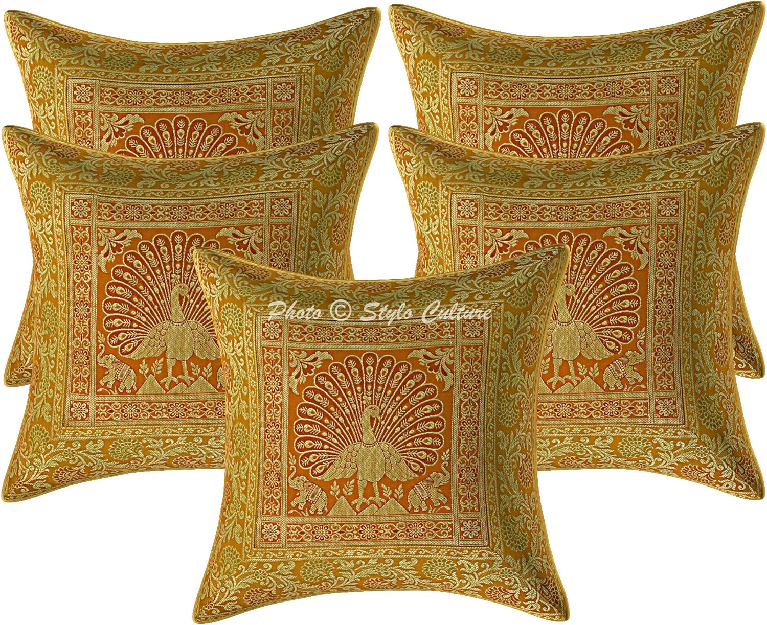 Ethnic Decorative Couch Sofa Toss Throw Pillow Cases 40x40 cm Brocade Bedroom Mustard Yellow Peacock Jacquard Square Luxury Zippered Bohemian 16x16 Inch Cushion Covers - 5 Pcs
