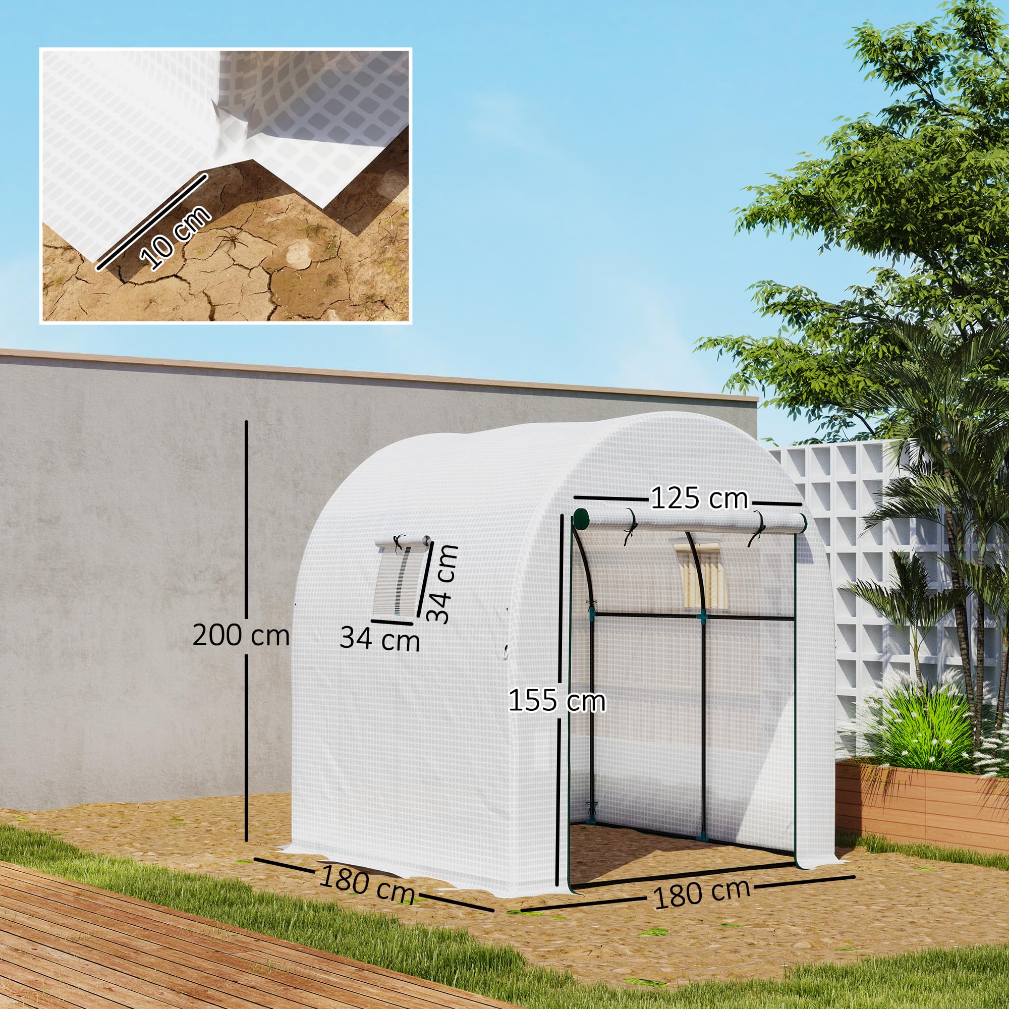 Outsunny Tunnel-Gewächshaus für den Garten, 1,8 x 1,8 x 2 m, mit 2 Türen und aufrollbaren Fenstern, Gewächshaus für Gemüsegarten mit Stahlrahmen und PE-Abdeckung, für Gemüse, Blumen, Obst, UV-Schutz