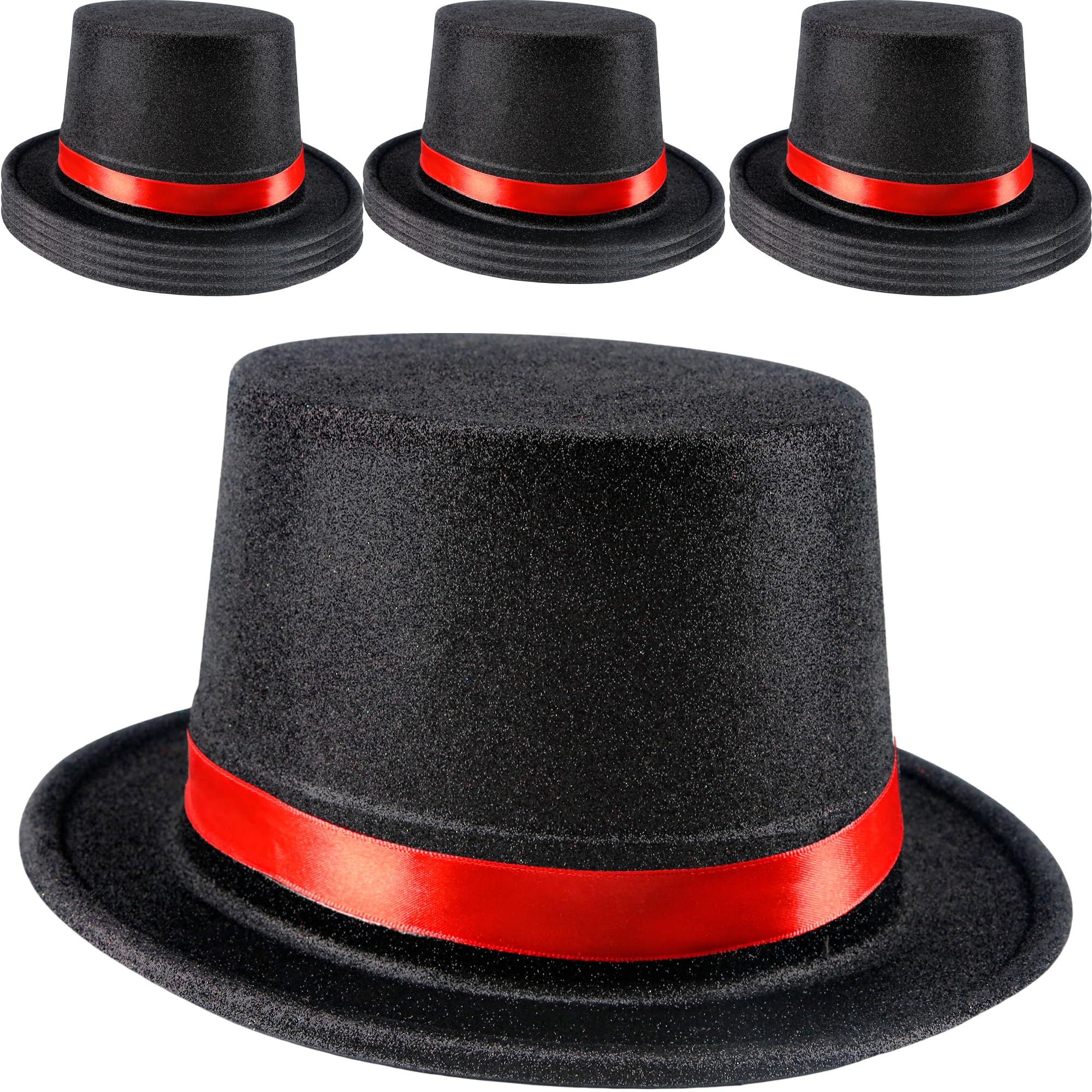 SGBETTER 12 Pack Kids Plastic Top Hats Black Top Hat with Red Band Glitter Magician Party Hat High Top Hat for Child Halloween Cosplay (Color Style 2 (PVC Glitter))