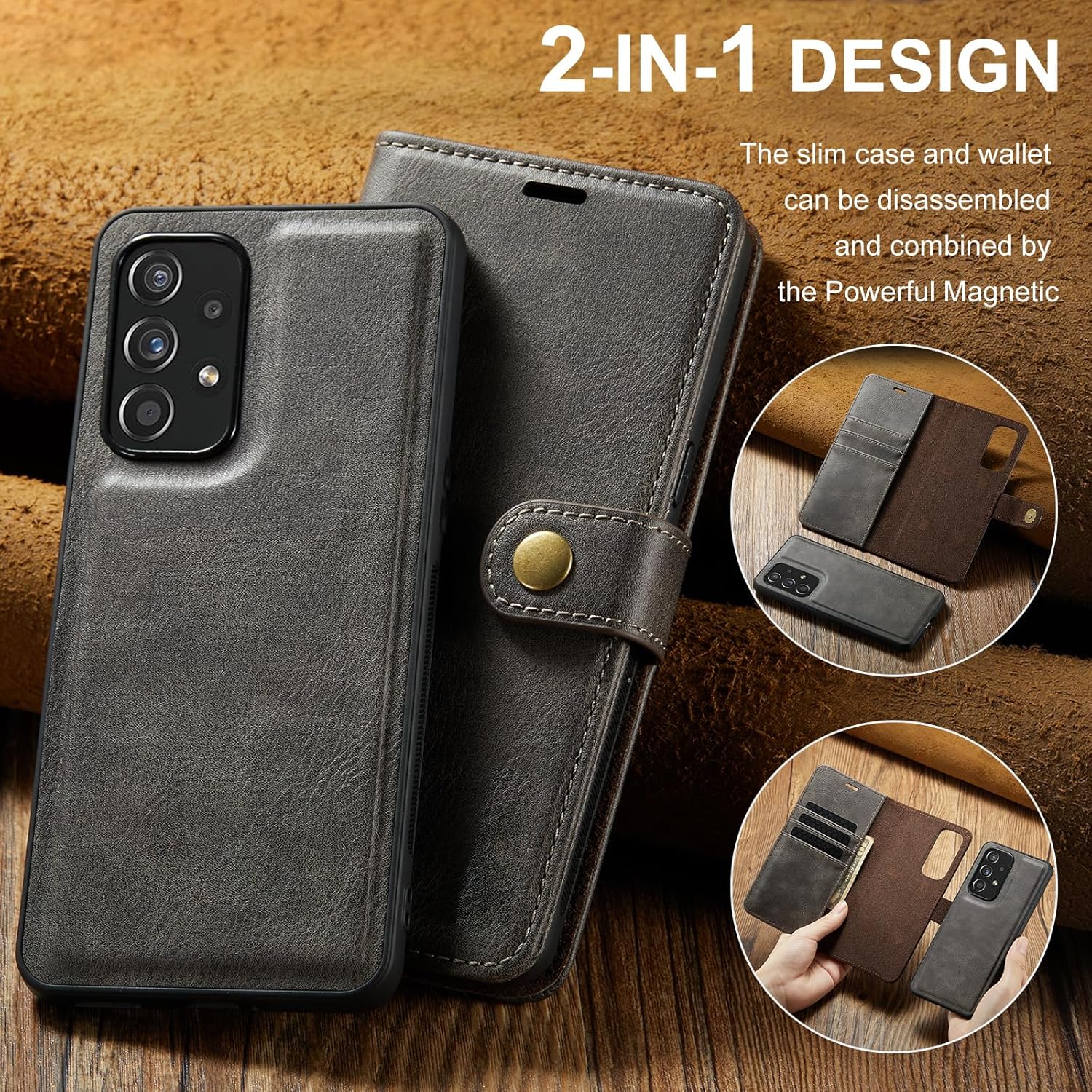 Asuwish Phone Case for Samsung Galaxy A53 5G Wallet Magnetic Detachable Cell Cover with Tempered Glass Screen Protector Flip Card Holder Slot A 53 G5 53A SM A536U 6.5" 2022 Women Men Girls Purse Gray