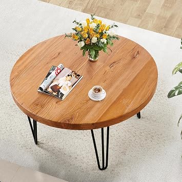 Rustic Wood Round Coffee Table 27.4"x27.4"x15.8"H Natural Elm Brown Wooden Accent Vintage Tables for Living Dining Room Couch Sofa Bedroom Patio Outdoor