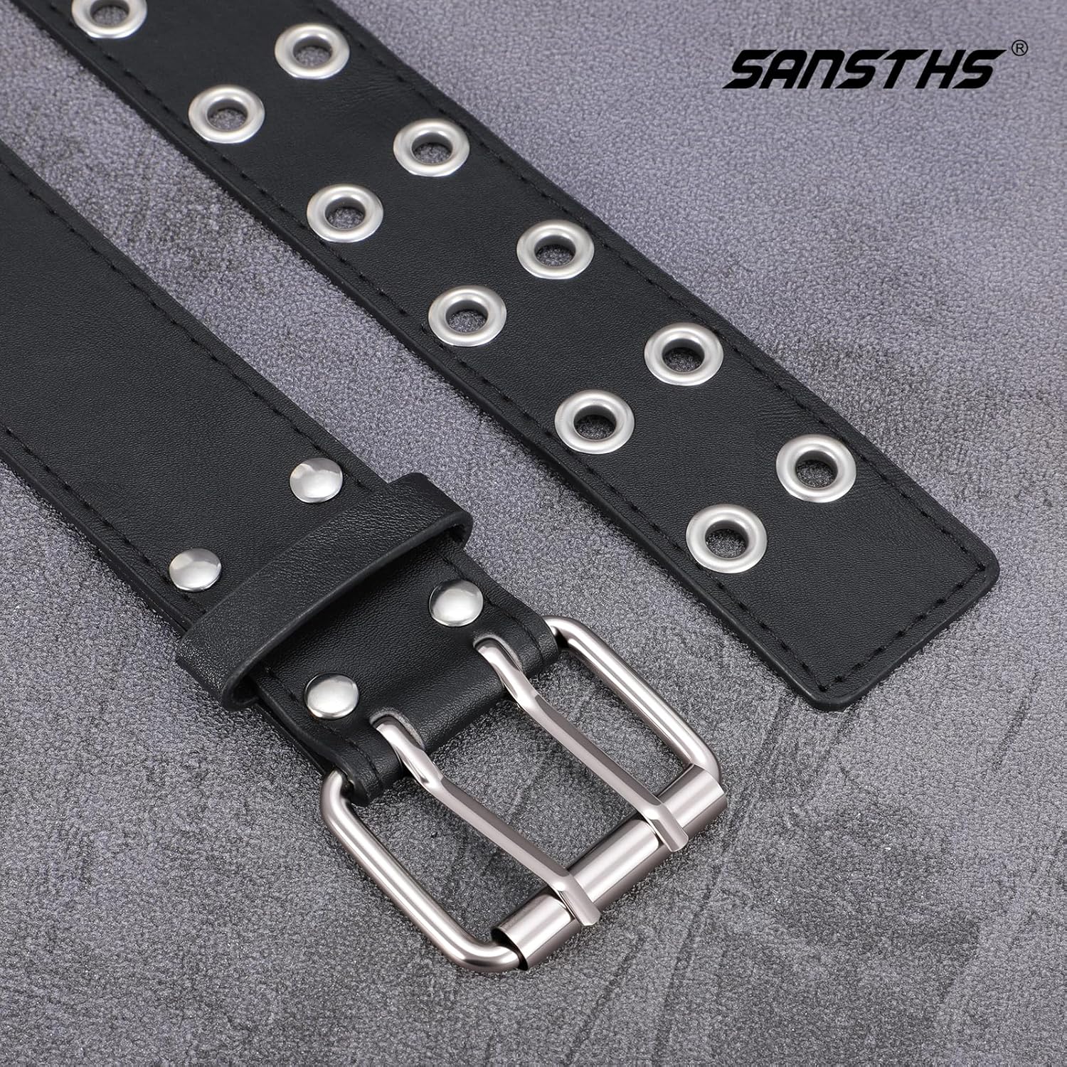 SANSTHS Women Double Grommet Studded Belts, Black Leather Belt for Women Men Punk belt - Image 6