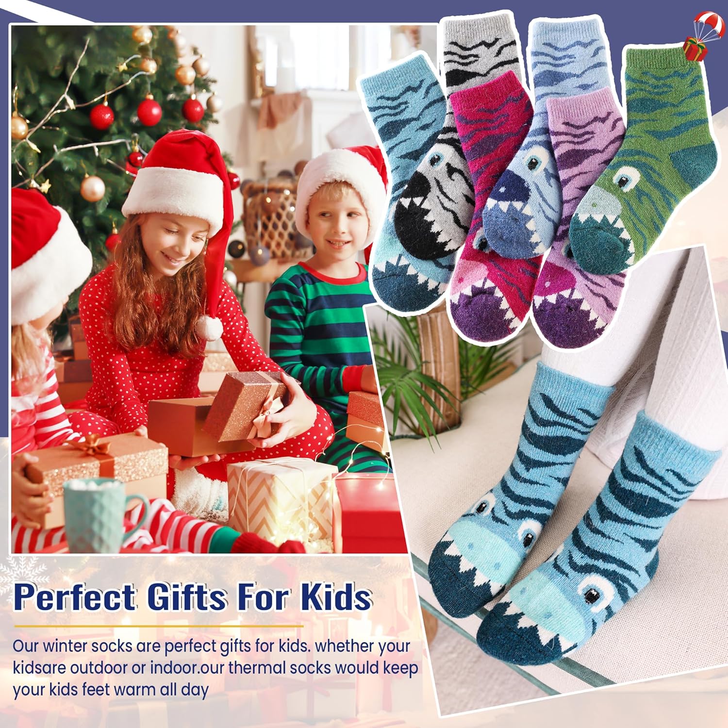 Eocom Kids Wool Socks For Boys Girls Warm Hiking Thermal Winter Cozy Soft Thick Toddlers Crew Boot Socks 6 Pairs - Image 2