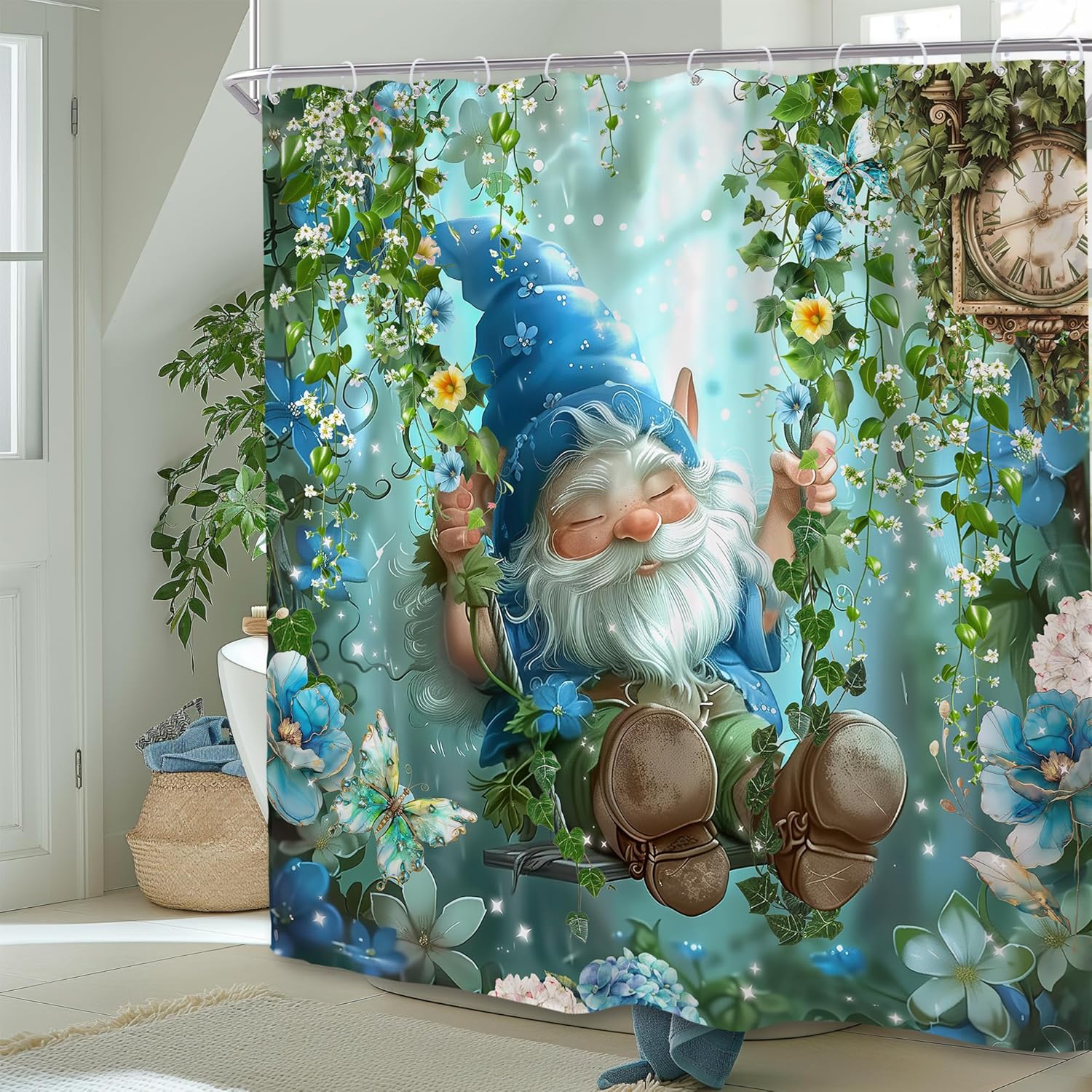 Homewelle Fairy Gnome Shower Curtain Cartoon Cute Swing Floral Green Leaves Plant Botanical Enchanted Tale Garden Woodland 72Wx72H Inch Butterfly Waterproof Polyester Fabric Bathroom Bathtub
