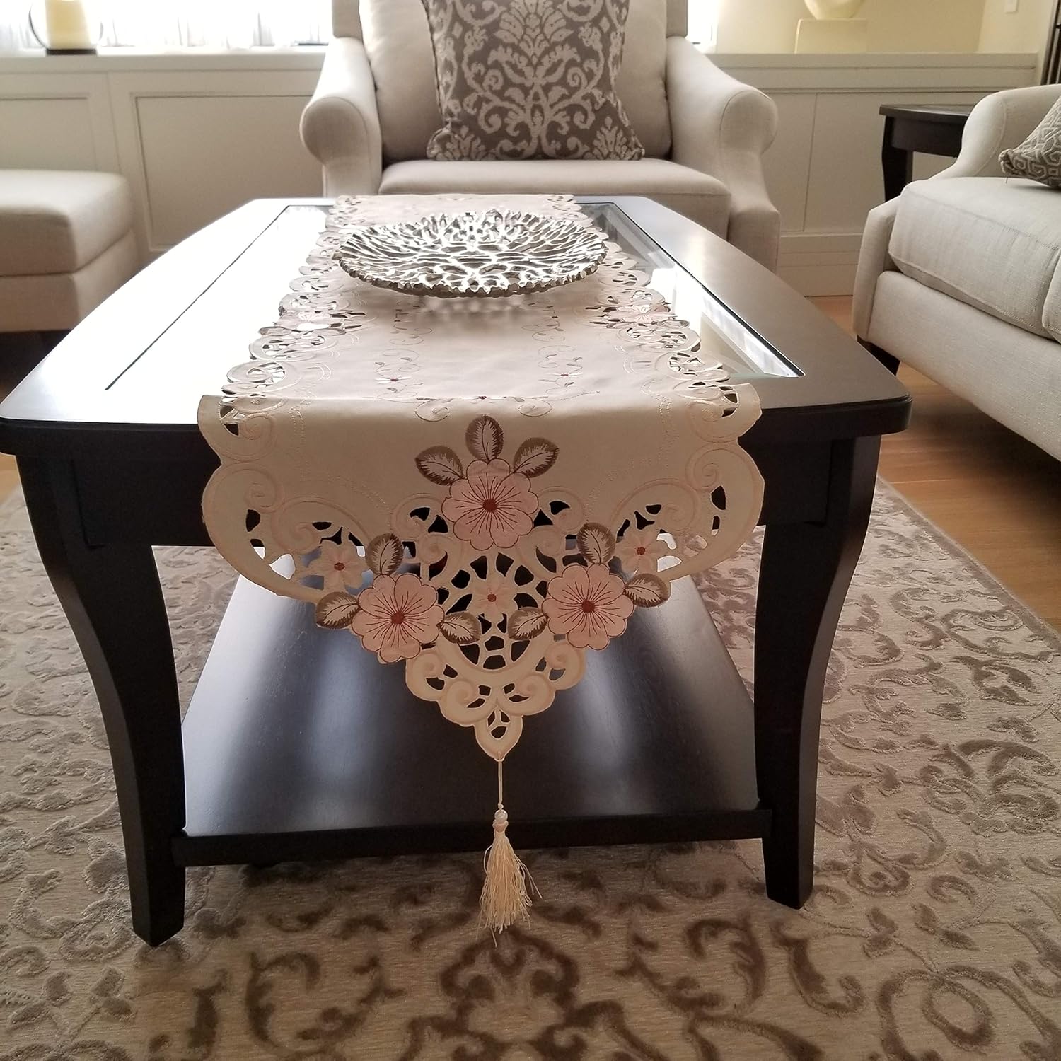 Spring Floral Table Runner & 4 Round Place Mats Set Embroidered Floral Table Runner with Tassels 15 x 69 inches Long & 15" Round Mats