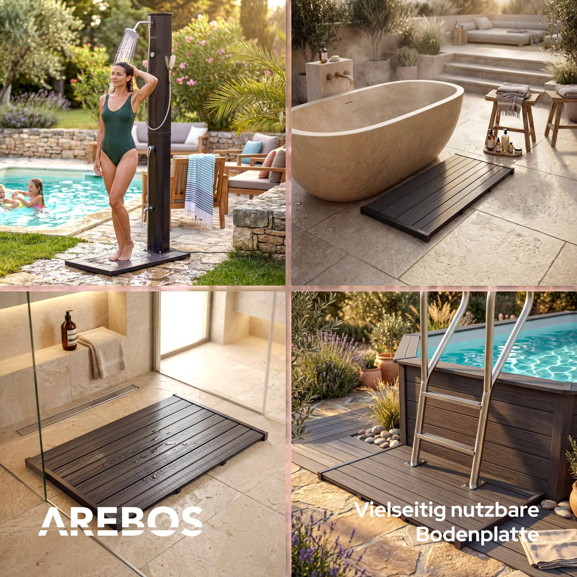 Arebos Bodenelement für Gartendusche & Solardusche | PVC Bodenplatte 101x57 cm | rutschfest & wasserabweisend | wetterfest | Terrasse Balkon Outdoor