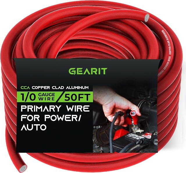GearIT 1/0 Gauge Wire (50ft - Red Translucent) Copper Clad Aluminum CCA - Primary Automotive Wire Power/Ground, Battery Cable, Car Audio Speaker, RV Trailer, Amp, Electrical 0ga AWG 50 Feet