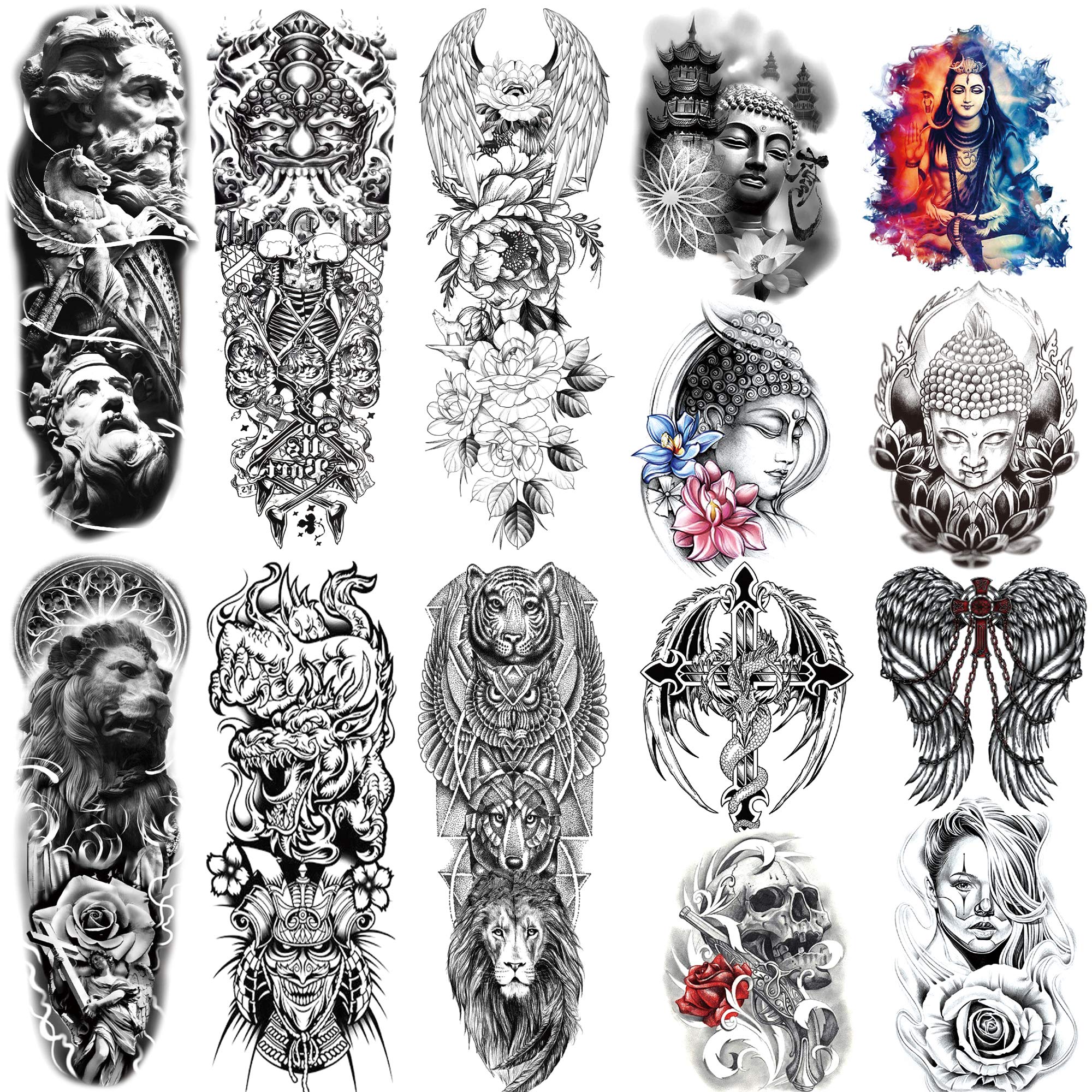 Kotbs 14 Sheets Full Arm Temporary Tattoos for Men Women Buddha Tiger Lion Wolf Wings Flower Totem Extra Large Temporary Tattoos Sleeve Waterproof Tattoo Stickers for Kids Adults