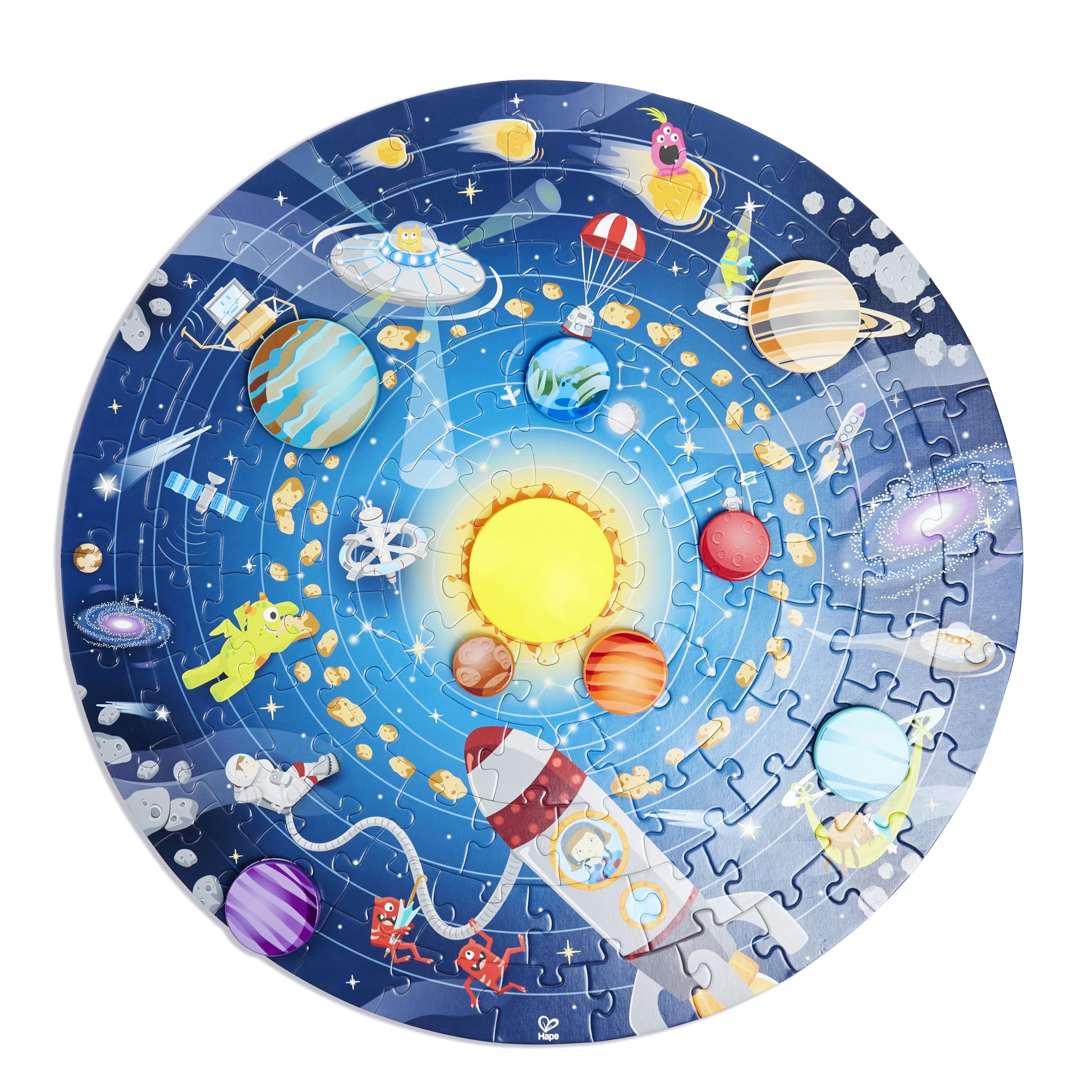 Hape Solar System Puzzle | Round Solar System Puzzle Toy for Kids, Solid Wood Pieces and a Glowing LED Sun