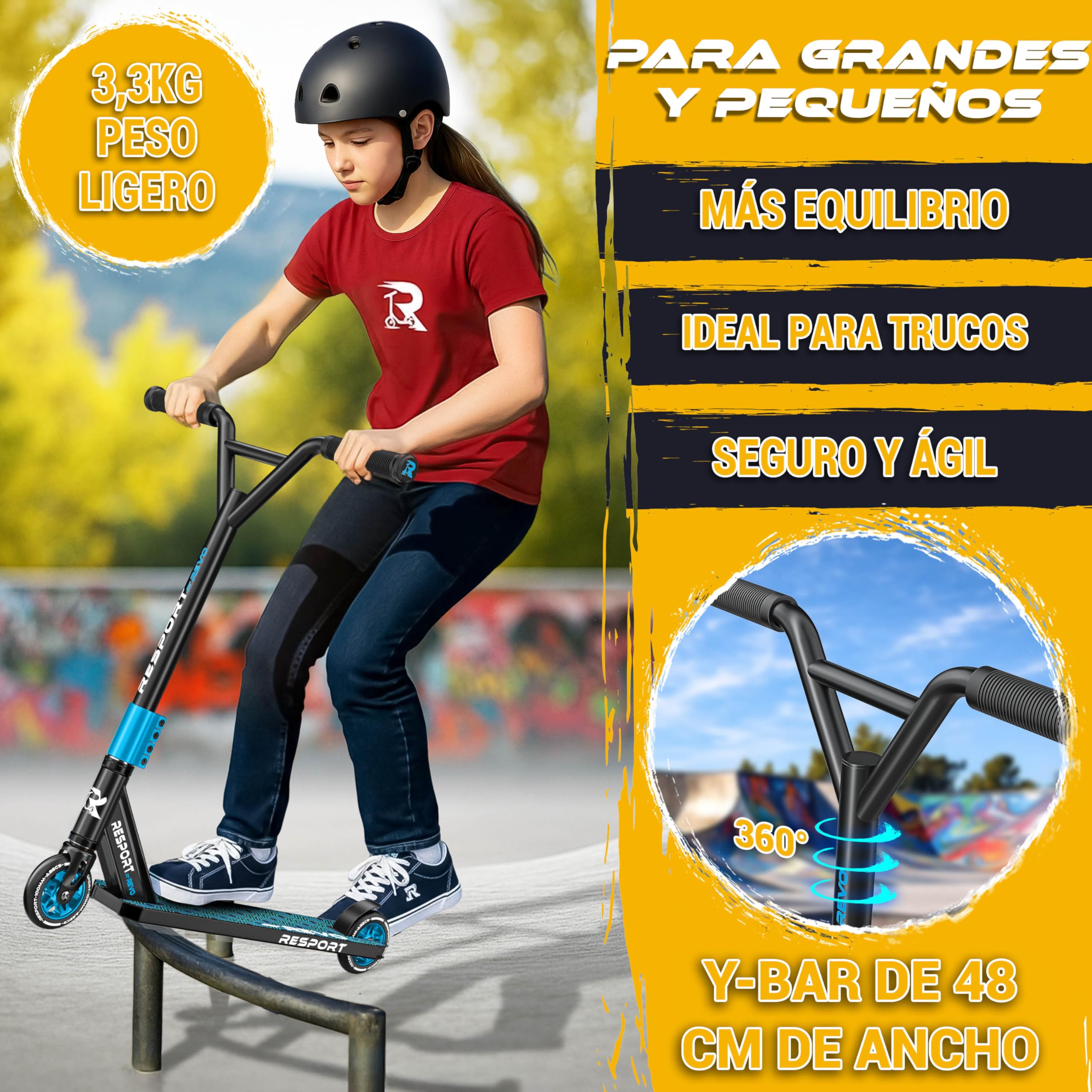 RE:SPORT Patinete de acrobacias Revo para niños y adultos con soporte, patinete profesional de 100 mm, ruedas de poliuretano y barra en Y, patinete de acrobacias, patinete ABEC 9, rodamientos de bolas