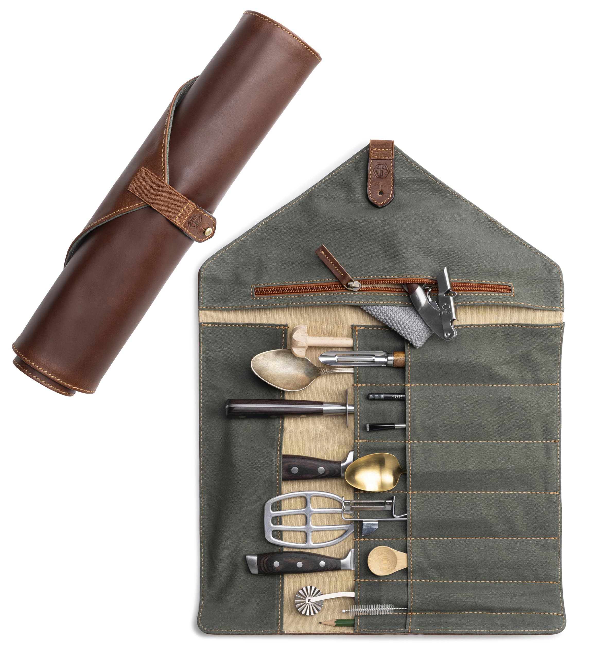 Angus Stoke Messertasche für Kochmesser aus Büffelleder | 14-Fächer Leder-Messerrolle für Köche – Messer, Kochtasche Gross Gustav (Braun)