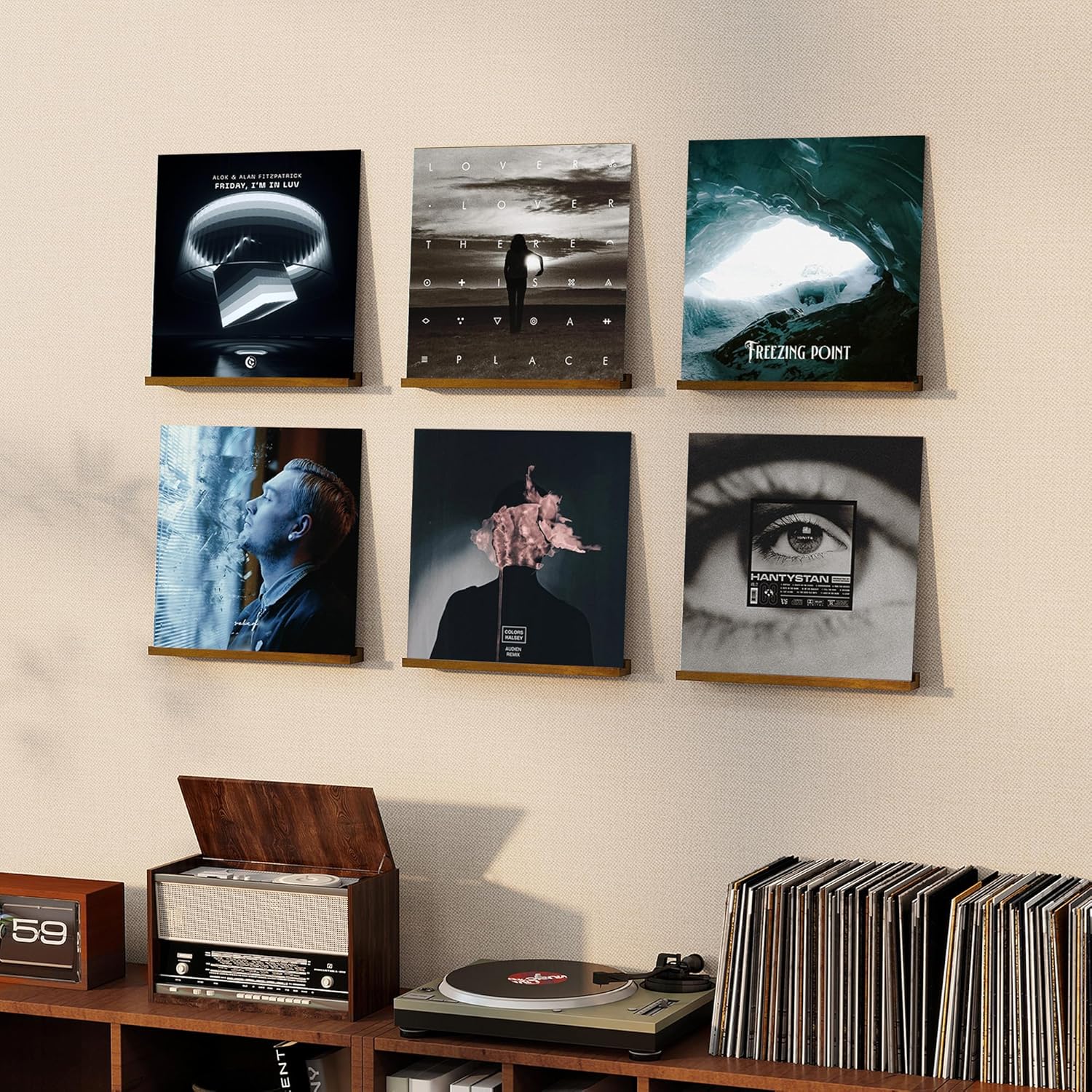 RICHFOCUS Vinyl Wall Mount, 6 Pack Solid Wood Record Shelf, Album Record Holder Display, 12 inch Floating Shelves for Wall, Magazine Shelf, Kids Bookshelf for Bedroom, Living Room, Walnut Walnut 6 Pack