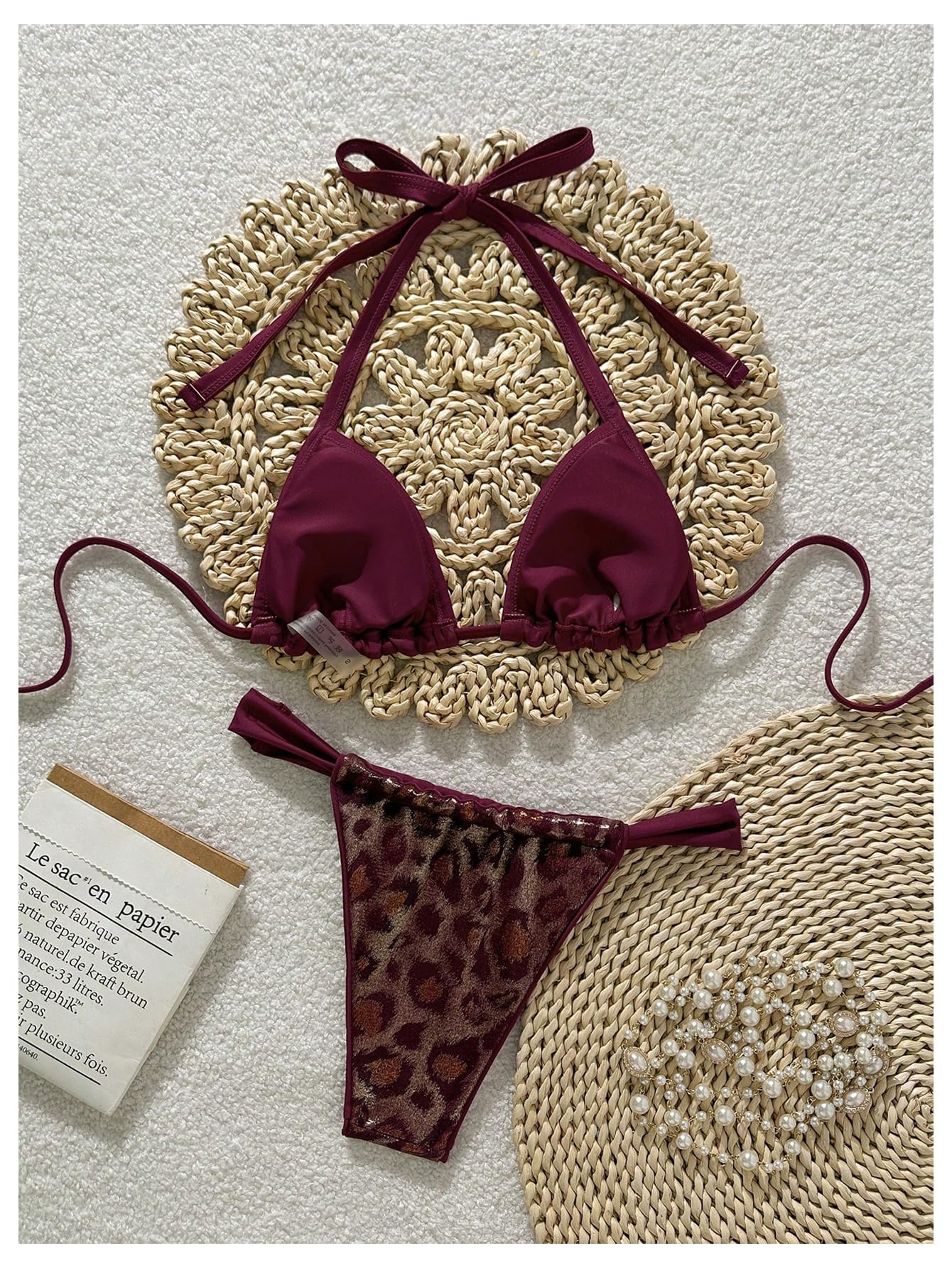 Damski Dwuczęściowy Strój Kąpielowy W Panterkę Trójkątny Typu Halter I Stringi Zestaw Bikini Wysoko Wycięty Kostium Wielokolorowy, Duży