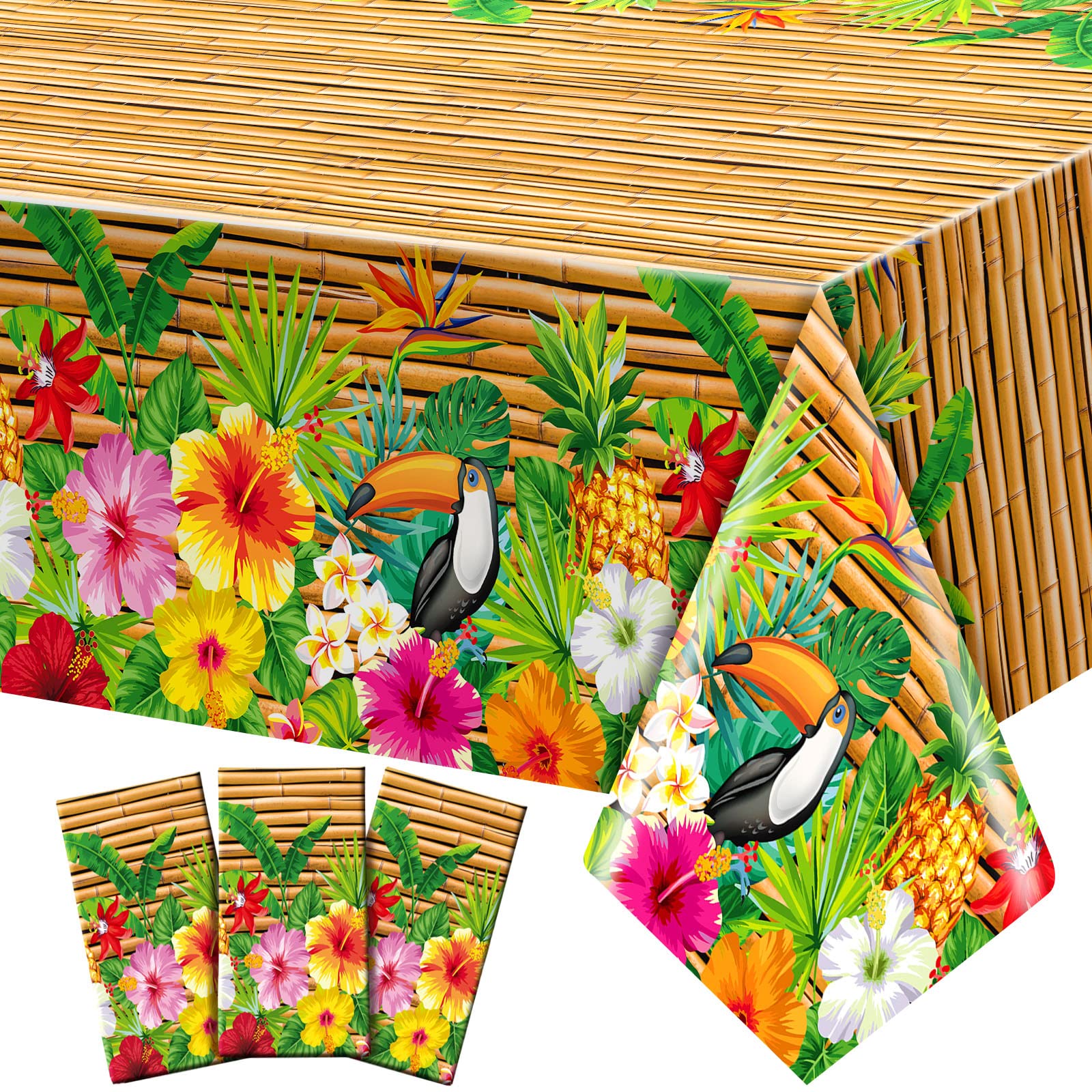 Frienda 9 Pieces Tiki Tablecloth Decorations Luau Table Cover Hawaiian Party Plastic Table Cloth Disposable Tiki Totem Decor for Hawaii Beach Tropical