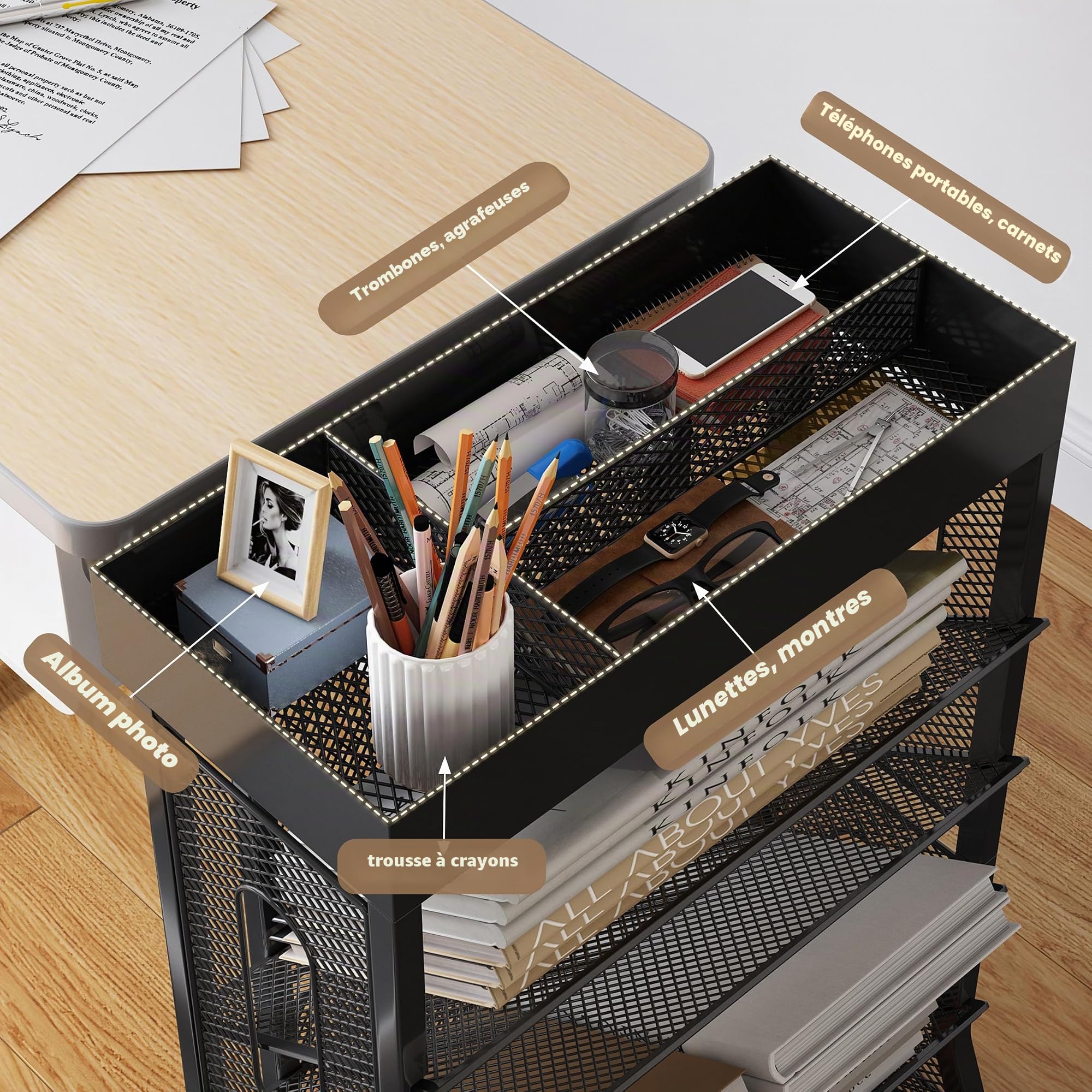 COVAODQ Petite étagère Mobile Amovible, adaptée pour l'école, l'étude, Le Salon, la Chambre à Coucher (Noir)