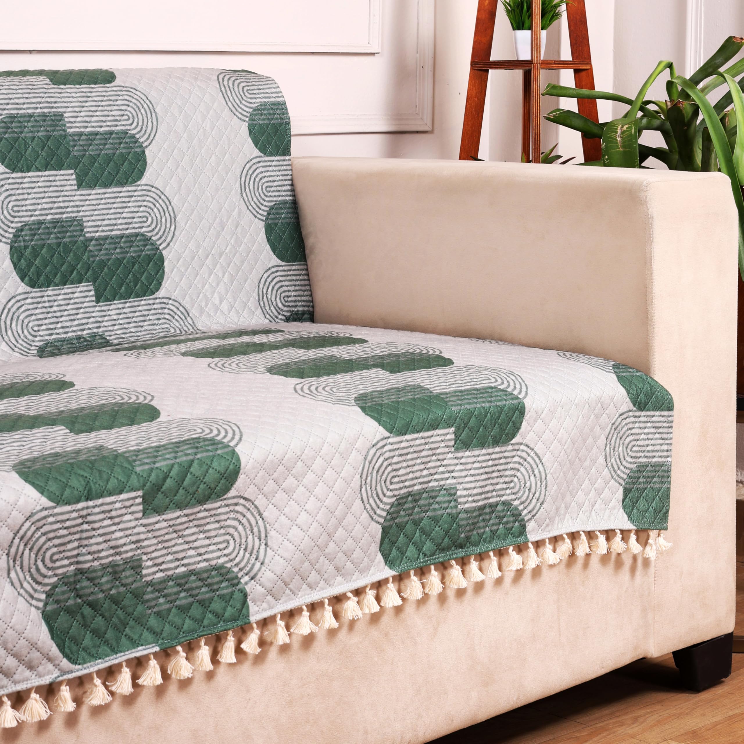 STITCHNEST Quilted Velvet Sofa Cover with Tassels – 70x60 Inch, Green & White Wave Design, Soft & Elegant, Washable Sofa Protector for 3-Seater