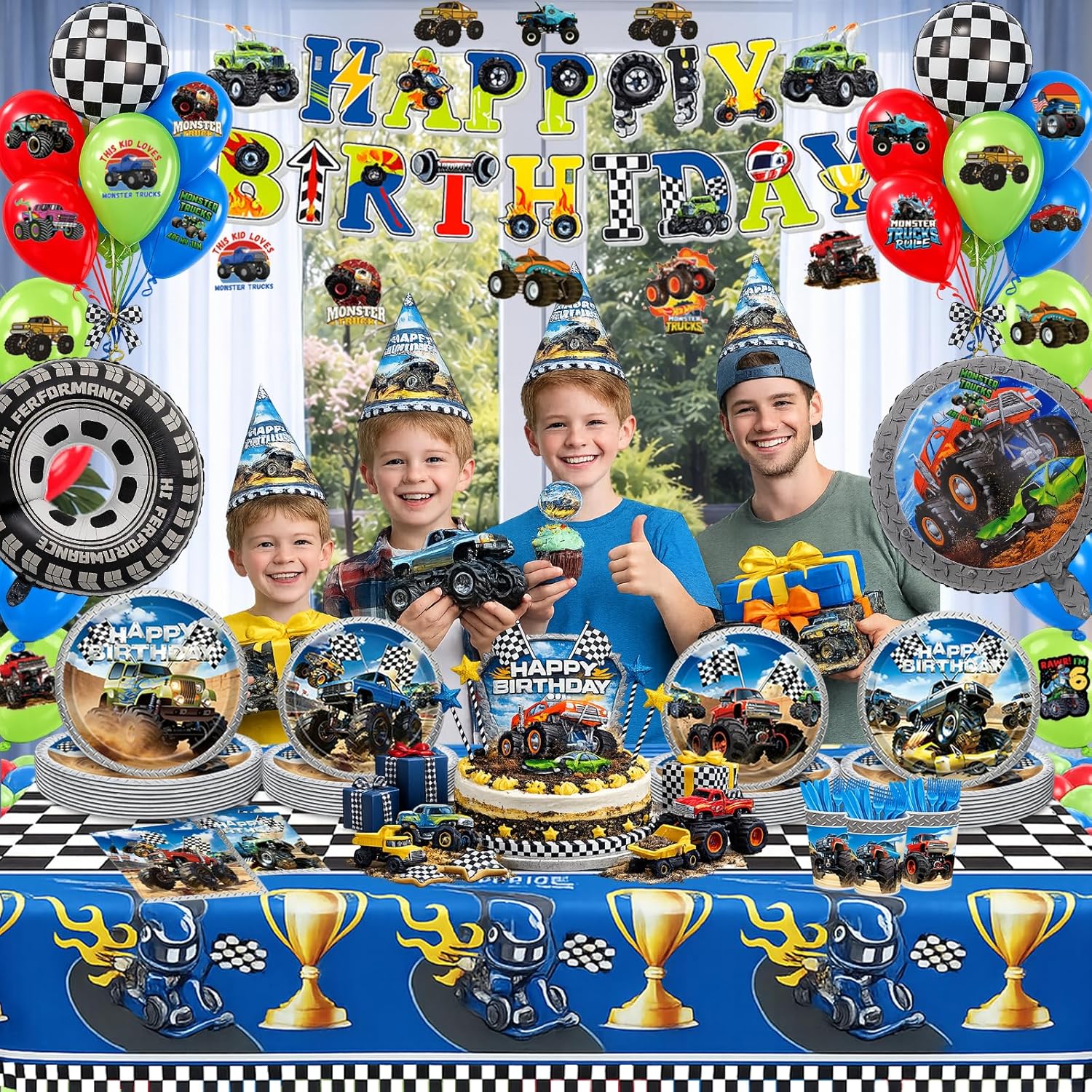 219pcs Truck Birthday Decorations, Monster Truck Party Decorations Set with Plates, Dessert Plates, Napkins, Cups, Forks, Knives, Balloons, Happy Birthday Banner, Tablecloth, and Stickers, Serves 24