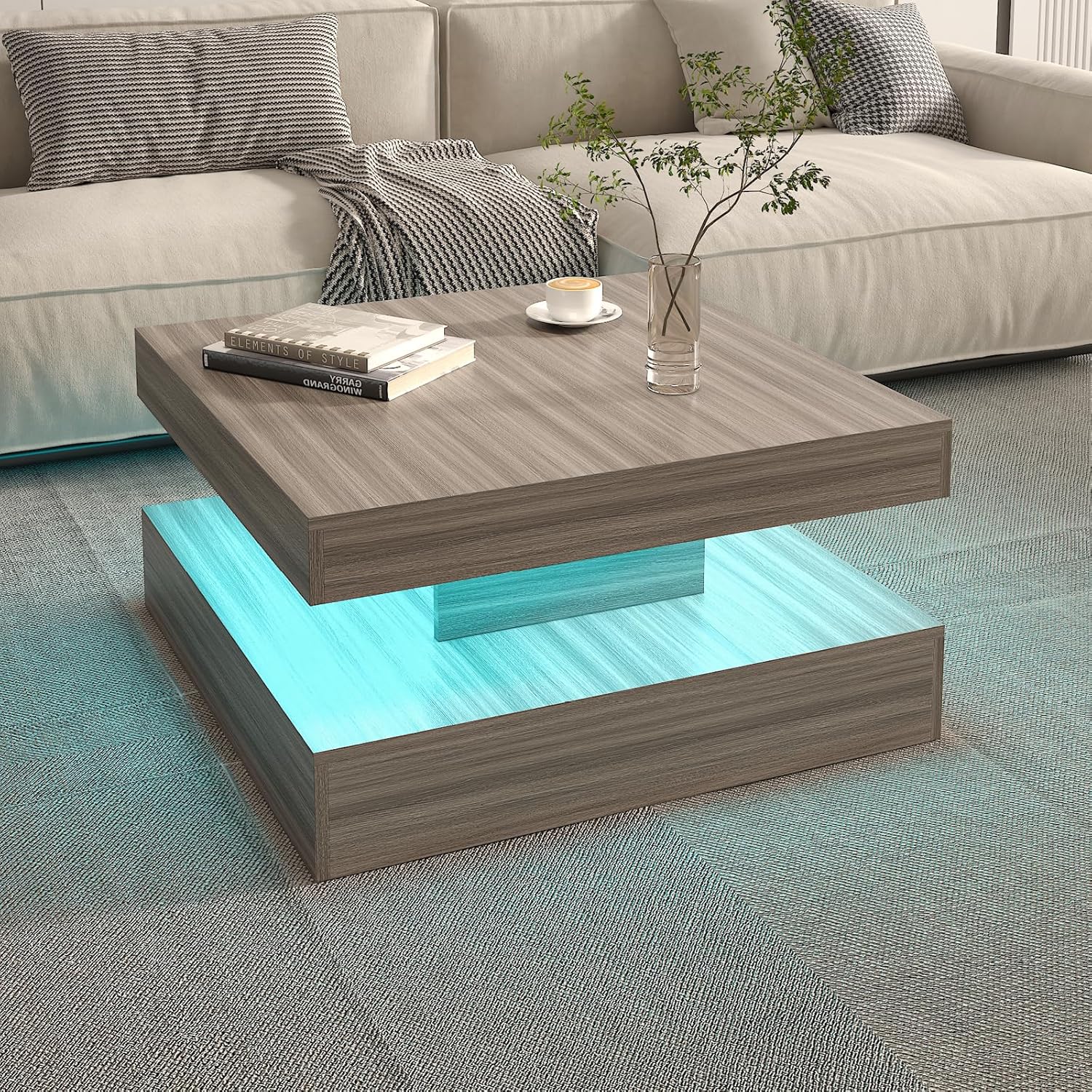 Black Led Coffee Table for Living Room, Square Living Room Table with Storage, Wooden Center Table Modern High Glossy Coffee Tables with 16 Colors LED Lights for Dining Room