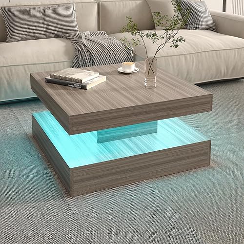 HedoAjim LED Coffee Table for Living Room, Living Room Table 2-Tier Square Middle Center Table, Modern Coffee Tables with Storage, Contemporary Wood Tea Tables for Dining Reception, Grey Wood