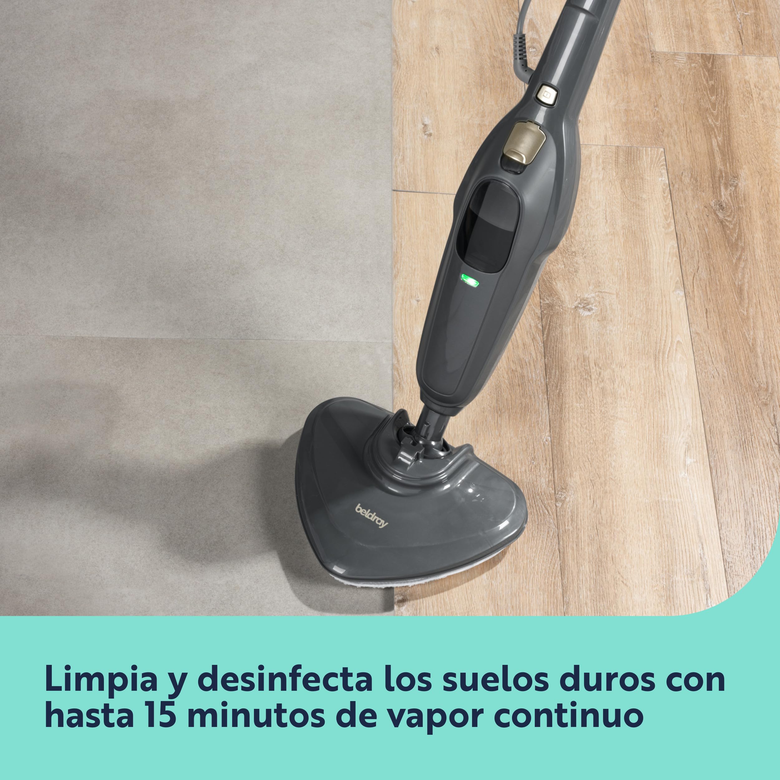 Beldray Limpiador a Vapor Clean & Refresh - Escoba de Vapor, Limpieza Sin Químicos, Calentamiento Rápido, Depósito de Agua 350 ml, Alfombras, Laminados, Madera, 1300W