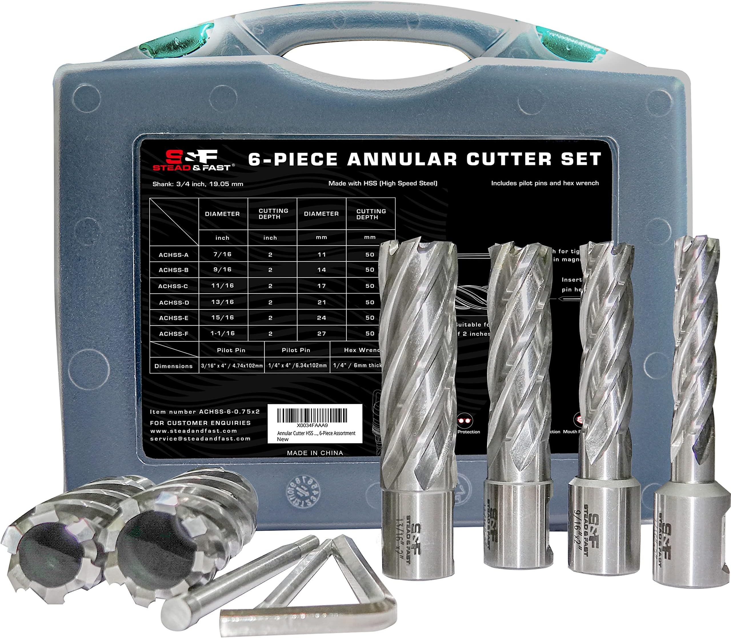 Annular Cutter Set 6 Pcs, Depth of Cut 2”, Cutting Diameter 7/16 to 1-1/16 Inch, Weldon Shank 3/4”, HSS Mag Drill Bits Kit for Magnetic Drill Press with Pilot Pin x 2