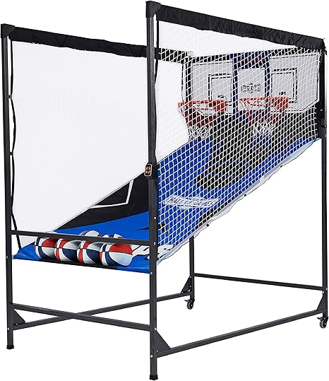 Hall of Games Premium Arcade Cage Basketball Game with Steel Frame and Polycarbonate Backboard, Dual Shot LED Scoring with 6 Size 8.5 Inch Basketballs
