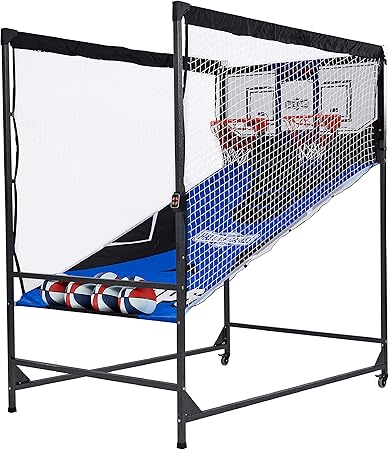 Hall of Games Premium Arcade Cage Basketball Game with Steel Frame and Polycarbonate Backboard, Dual Shot LED Scoring with 6 Size 8.5 Inch Basketballs
