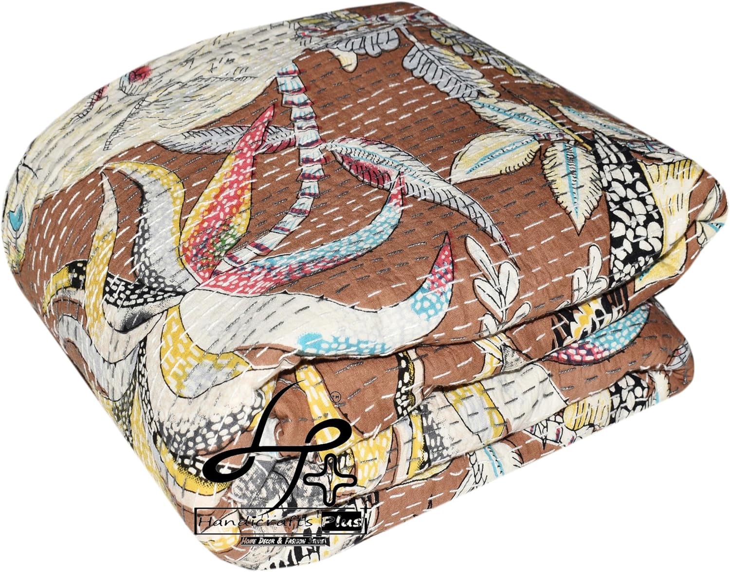 New Kantha Quilt Blankets Cotton Bedcover Multicolor Coverlets MonkeyPrint Gudari King Size Bedspread 90X108 New Bedsheet (Brown)