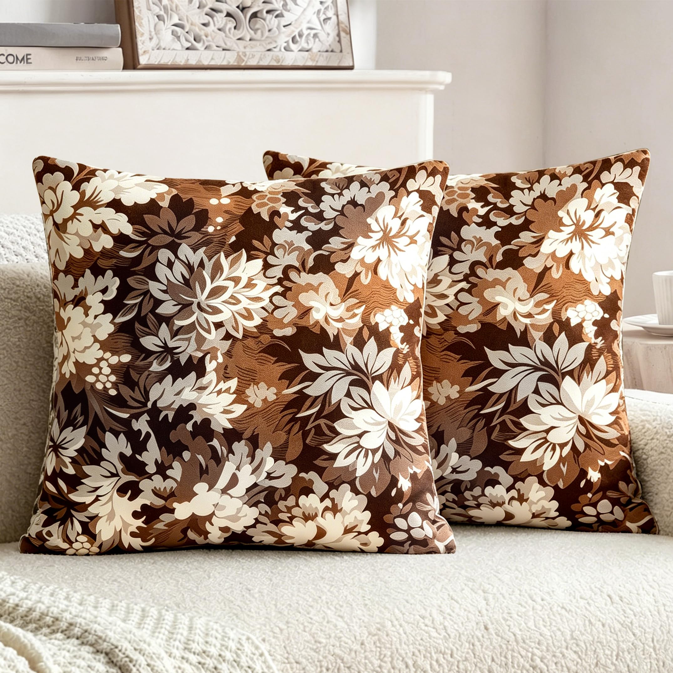 XPHZZL Cushion Covers 45x45 cm Set of 2, Modern Floral Soft Short Plush Pillow Covers with Invisible Zipper, Stylish Artistic Throw Pillow Covers for Sofa Bed Garden Living Room-Toasted Brown