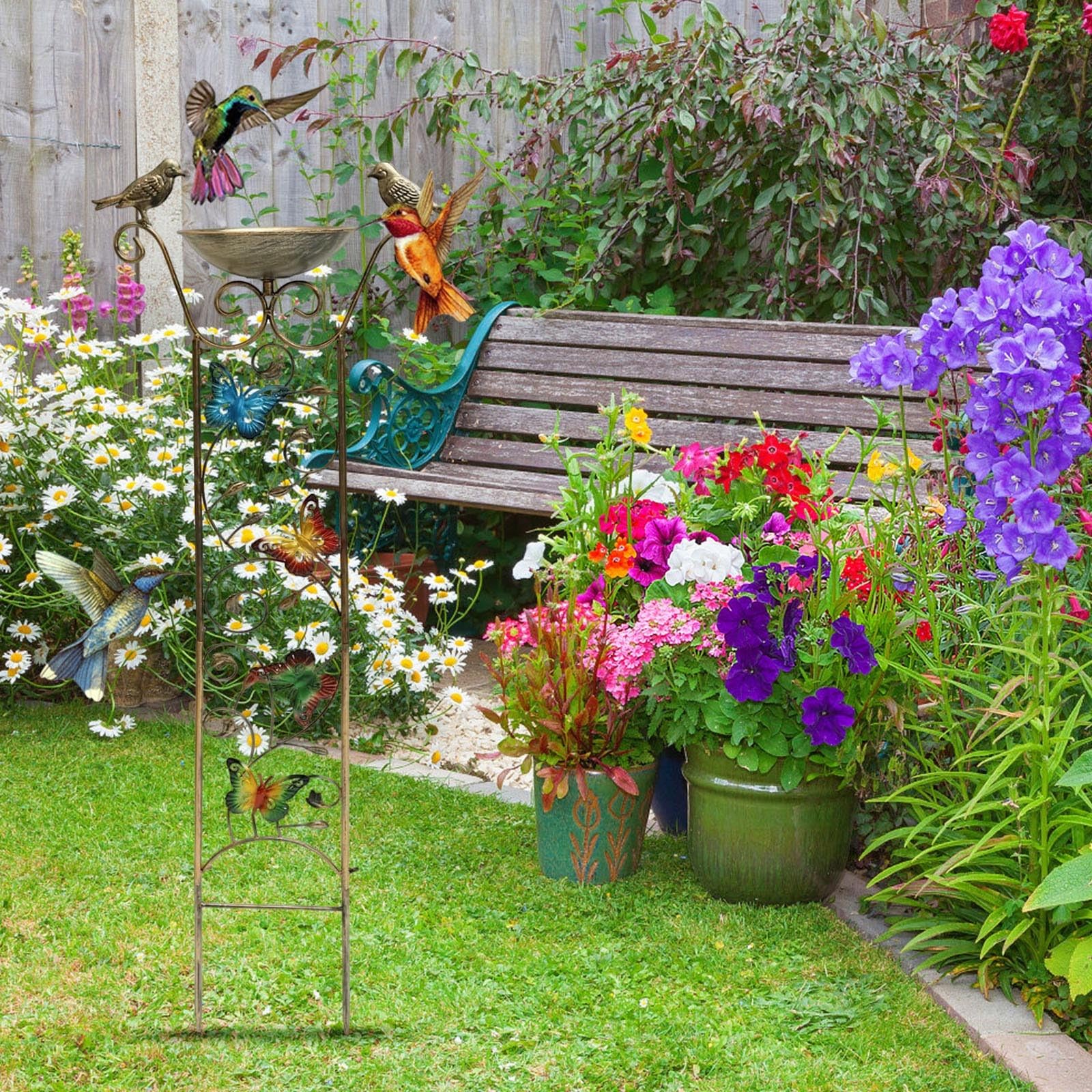 Stabile Vogeltränke aus Metall für den Garten Schmetterling Kolibri Form stehend Vogeltränke mit Erdspieß stehend Outdoor Wasserschale einfach zu montieren 105 x 37 cm (A)