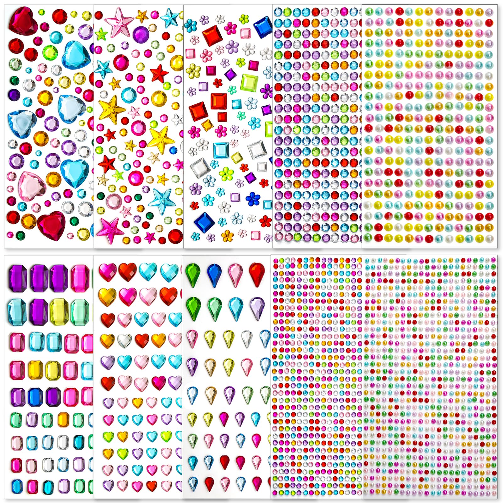 Lezmarket 3500 calcomanías de gemas para manualidades infantiles, 10 hojas autoadhesivas de gemas para manualidades, calcomanías de piedras preciosas brillantes decorativas para maquillaje y