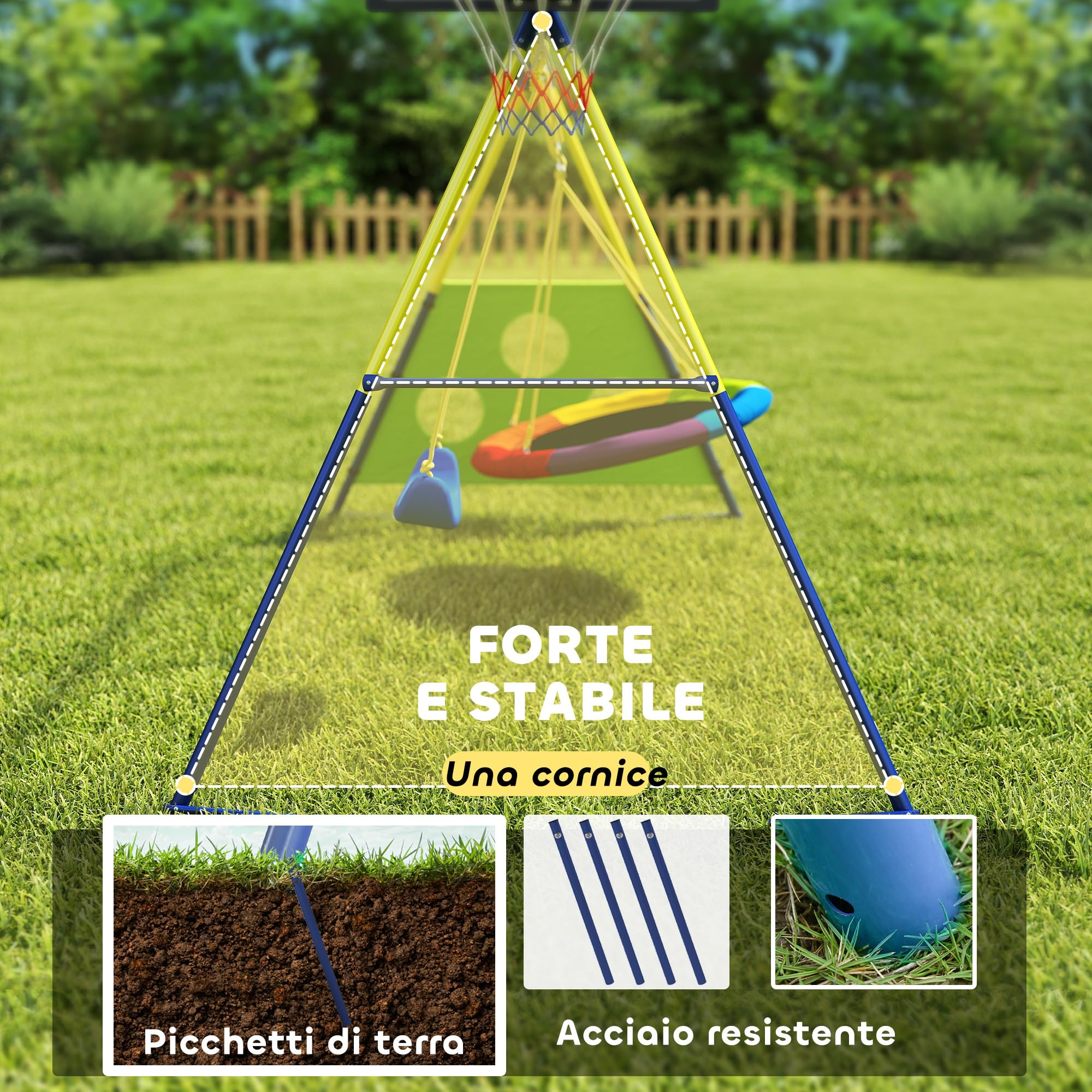 AIYAPLAY Set Altalena da Giardino 4 in 1 per Bambini con 2 Altalene, Canestro da Basket, Porta da Calcio, Supporto ad A in Acciaio, Capacità 150 kg, per Uso Esterno, 3-8 Anni, 288x160x220 cm