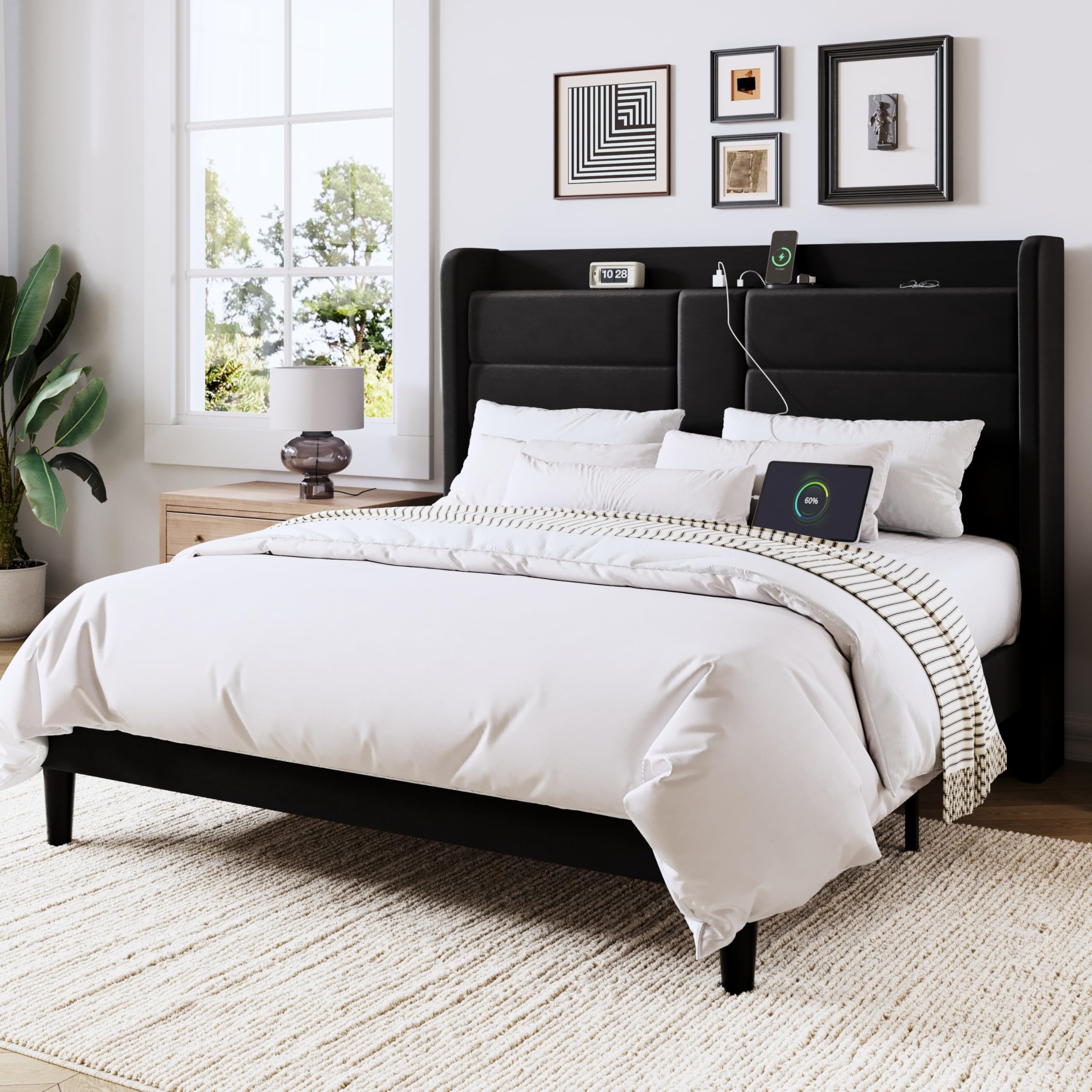 Allewie Full Size Platform Bed Frame with Charging Station & Storage Headboard, Upholstered Velvet Wingback Design & USB Port, Strong Wooden Slats
