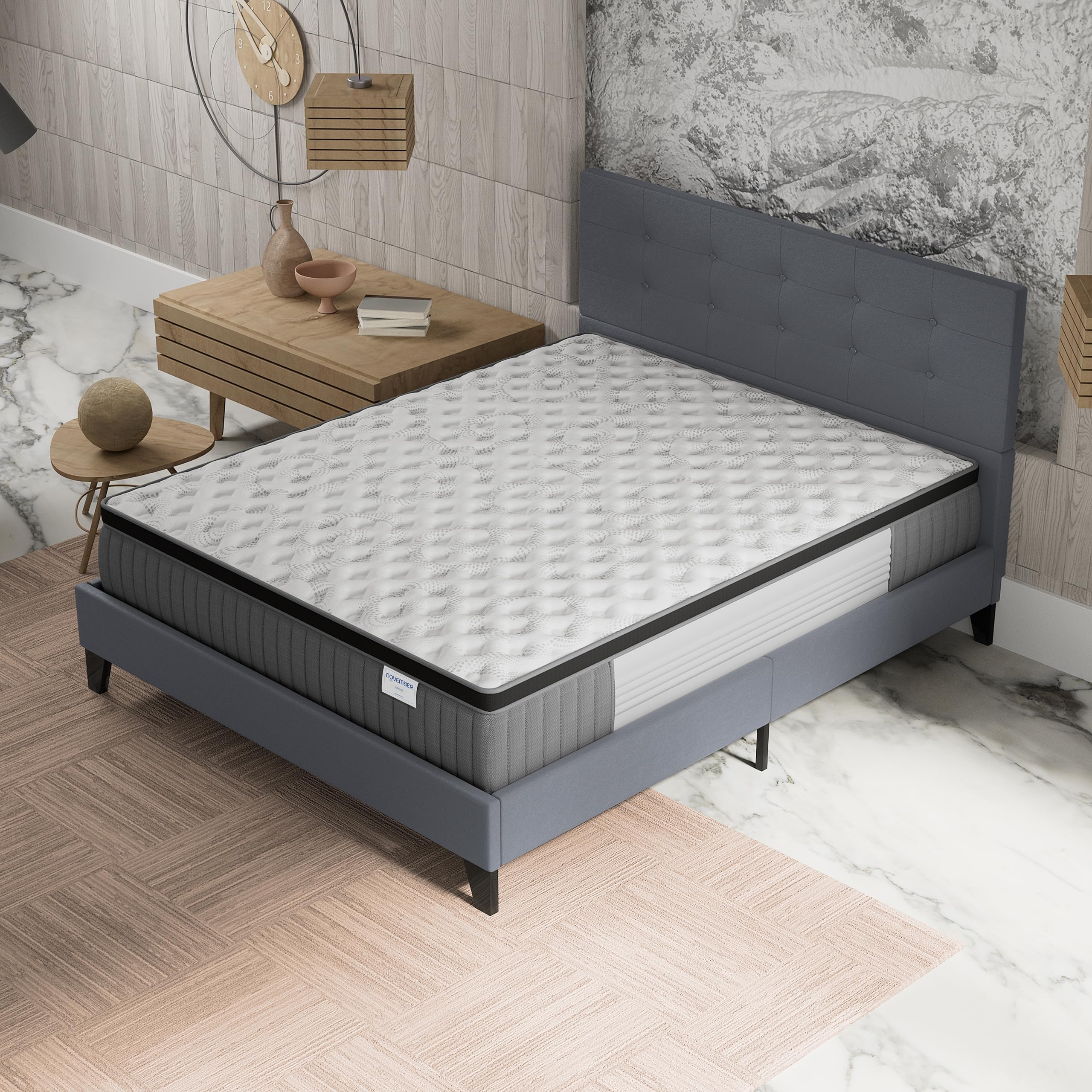 NOVEMBER- Ensemble Matelas + LIT (140x200cm)- Matelas Elekctra Ressorts ensachés & mémoire de Forme Épaisseur 30cm + Sommier Bois Stable & Robuste revêtement synthétique Gris