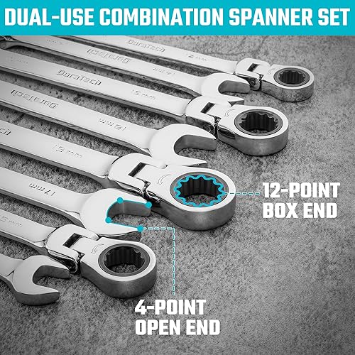 Miniatura 5 de DURATECH Juego de llaves combinadas de trinquete de cabeza flexible de 12 piezas, 72 dientes, métricos, 0.315-0.748 in, acero Cr-v, organizadas en