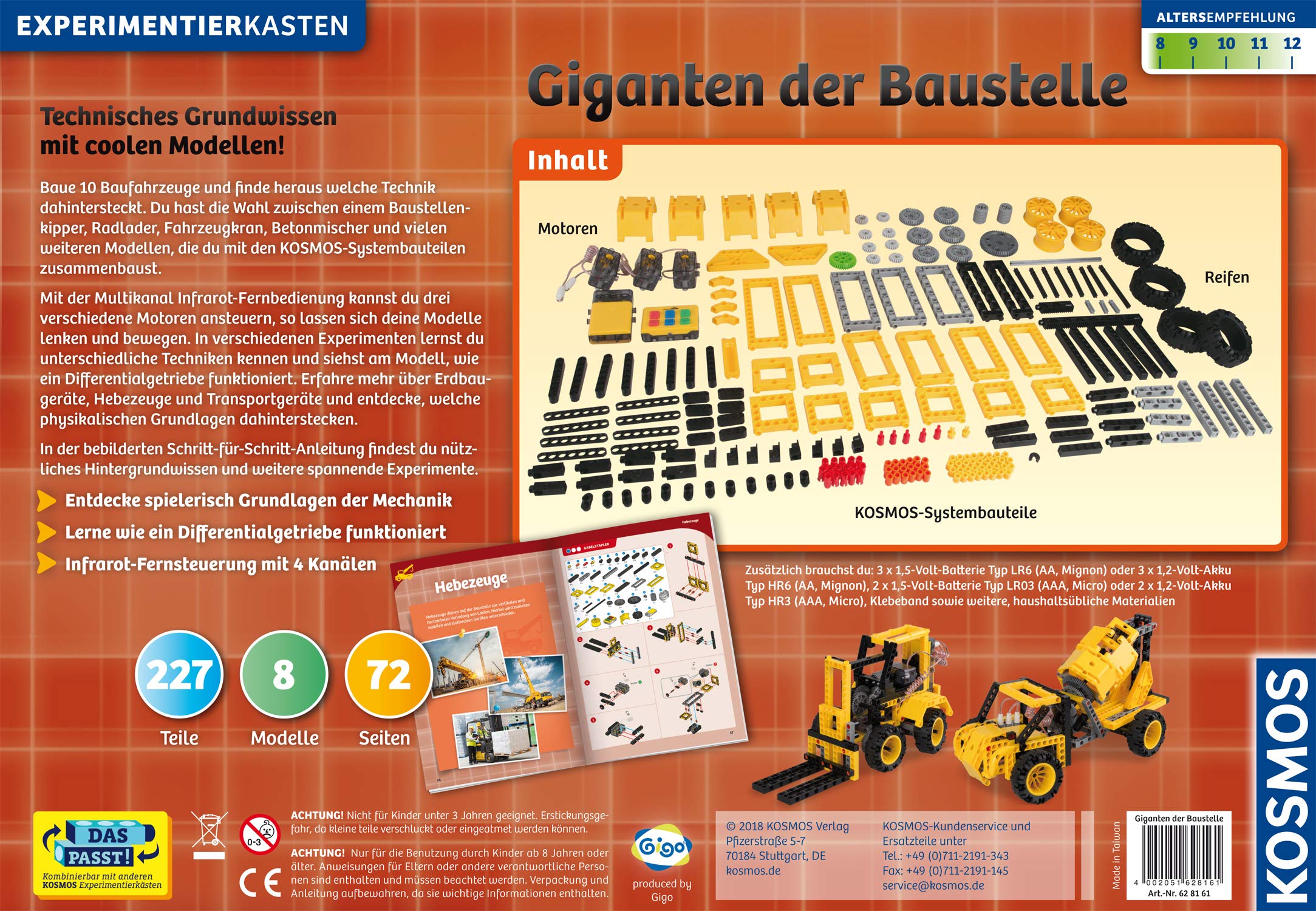 Kosmos 628161 Giganten der Baustelle, Spaß am Bauen und Technik verstehen, Baufahrzeuge bauen, mit Infrarot-Fernsteuerung, Grundlagen der Mechanik verstehen, Experimentierkasten