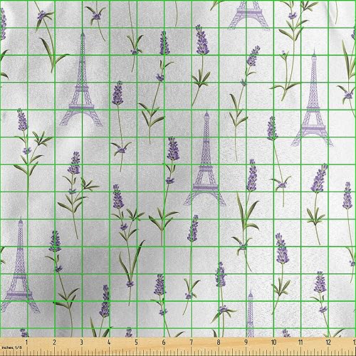 Miniatura 3 de Ambesonne Eiffel Fabric by The Yard, Pattern with Lavender Flowers Eiffel Tower Rustic Spring Inspired Botany, Decorative Satin Fabric for Home
