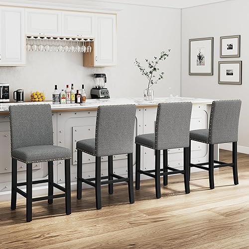 DAGONHIL 24 inch Bar Stools Set of 4, Counter Height Bar Stools with Backs, Nail Head Barstools with Wood Legs, Upholstered Kitchen Island Chairs,