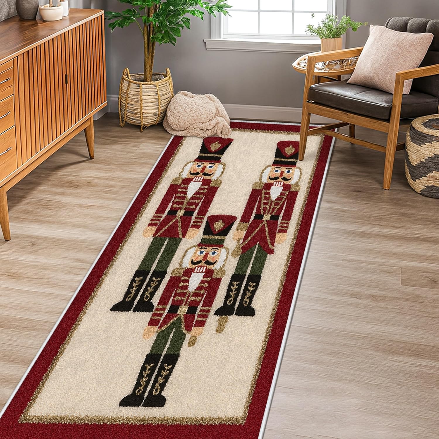 Nutcracker Runner Rug, Christmas Festive Soldier Drum Christmas Red Low Pile Soft Rectangle Carpet Stain Resistant for Kitchen Bathroom Entryway Bedside Decor 2x5 Ft